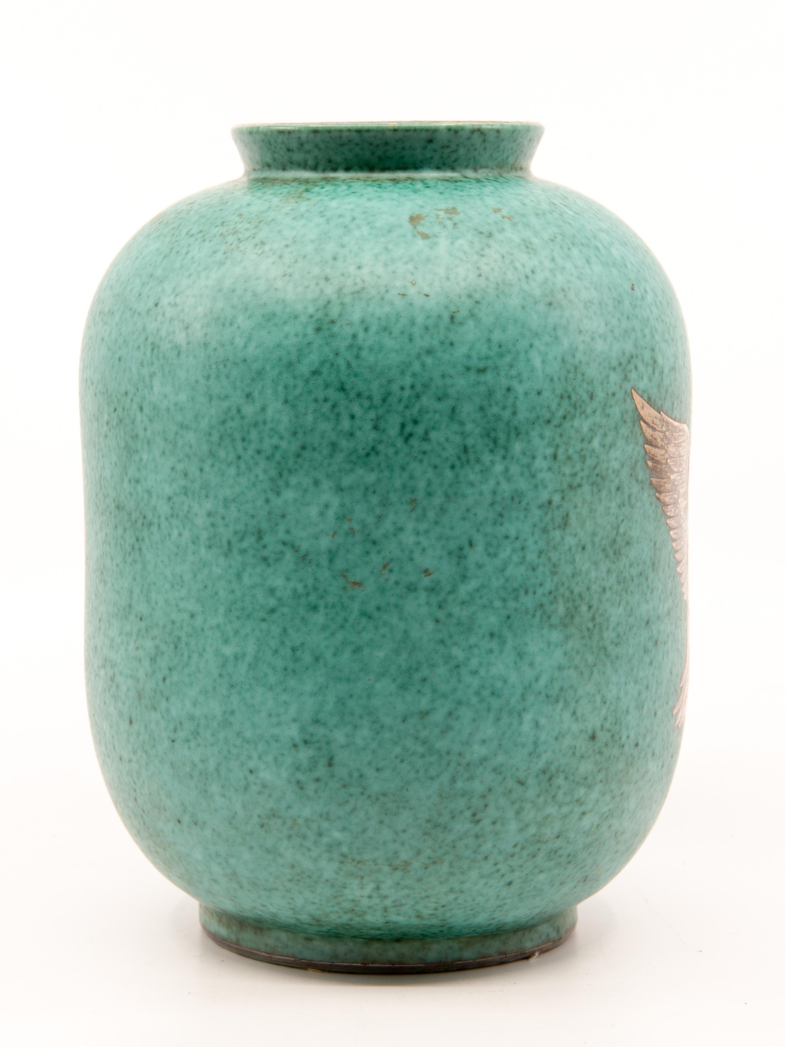Art Deco Gustavsberg Argenta Vase“Leda and the Swan”Silver overlay on Blue Green Ceramic 