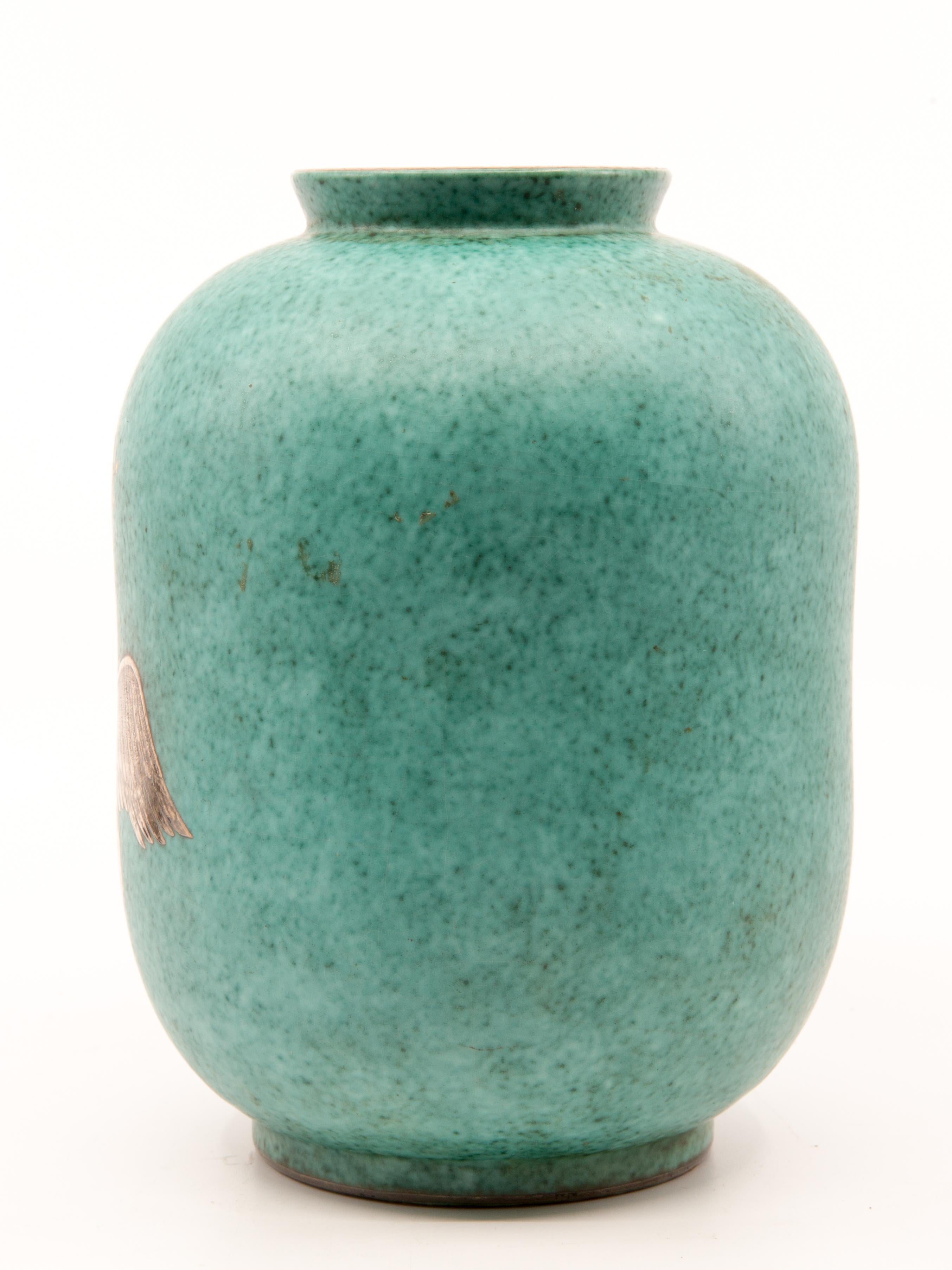 Glazed Gustavsberg Argenta Vase“Leda and the Swan”Silver overlay on Blue Green Ceramic 