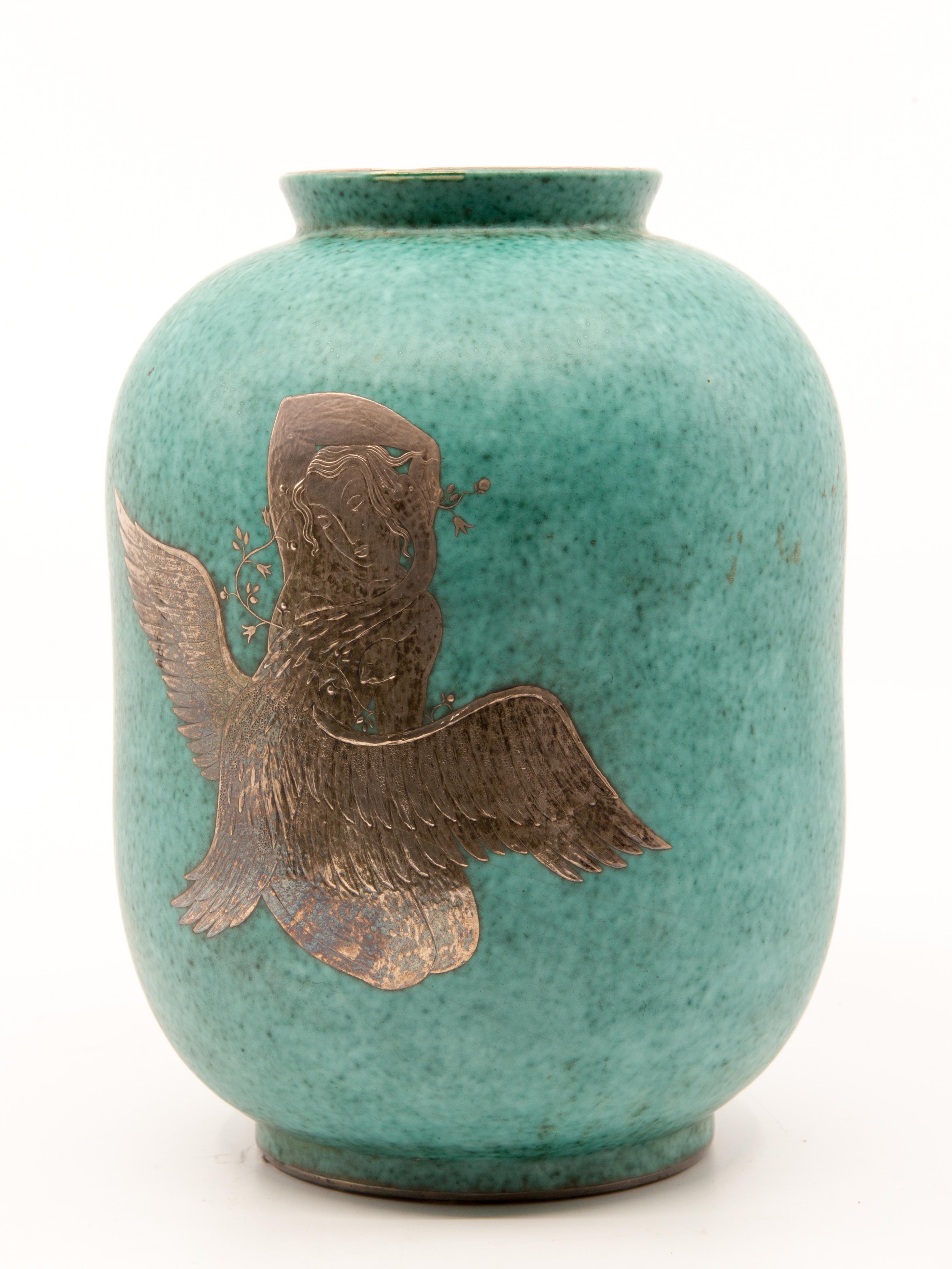 Gustavsberg Argenta Vase“Leda and the Swan”Silver overlay on Blue Green Ceramic  In Good Condition In Hudson, NY
