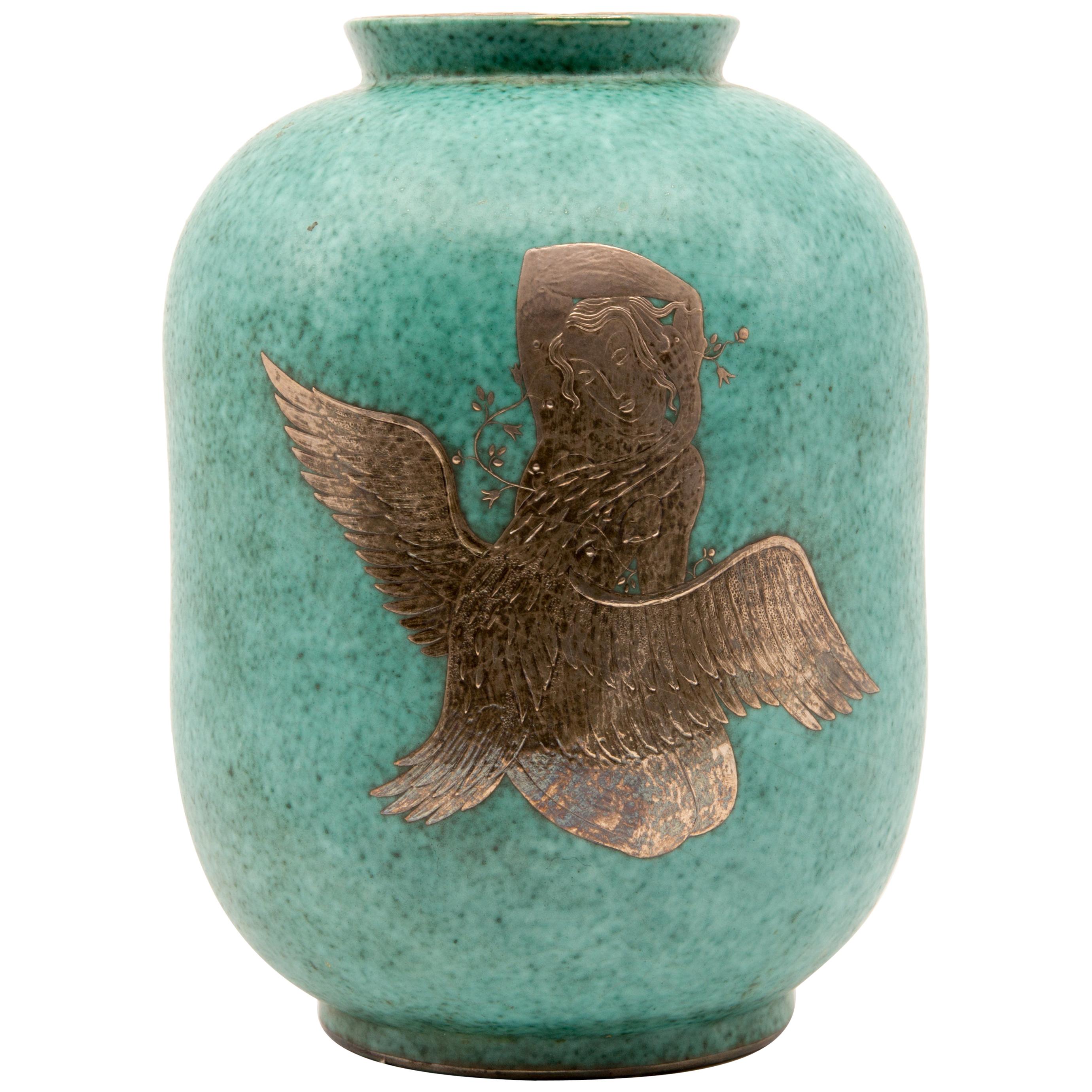 Gustavsberg Argenta Vase“Leda and the Swan”Silver overlay on Blue Green Ceramic 