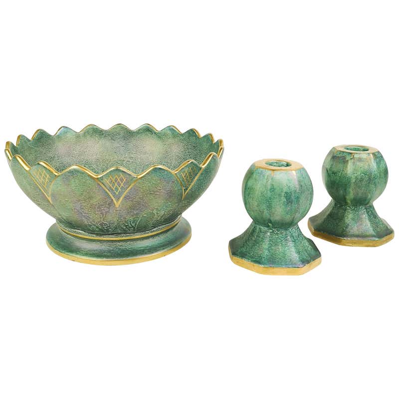 Three Piece Set of Pressed Glass Bowl and Candlesticks For Sale at 1stdibs
