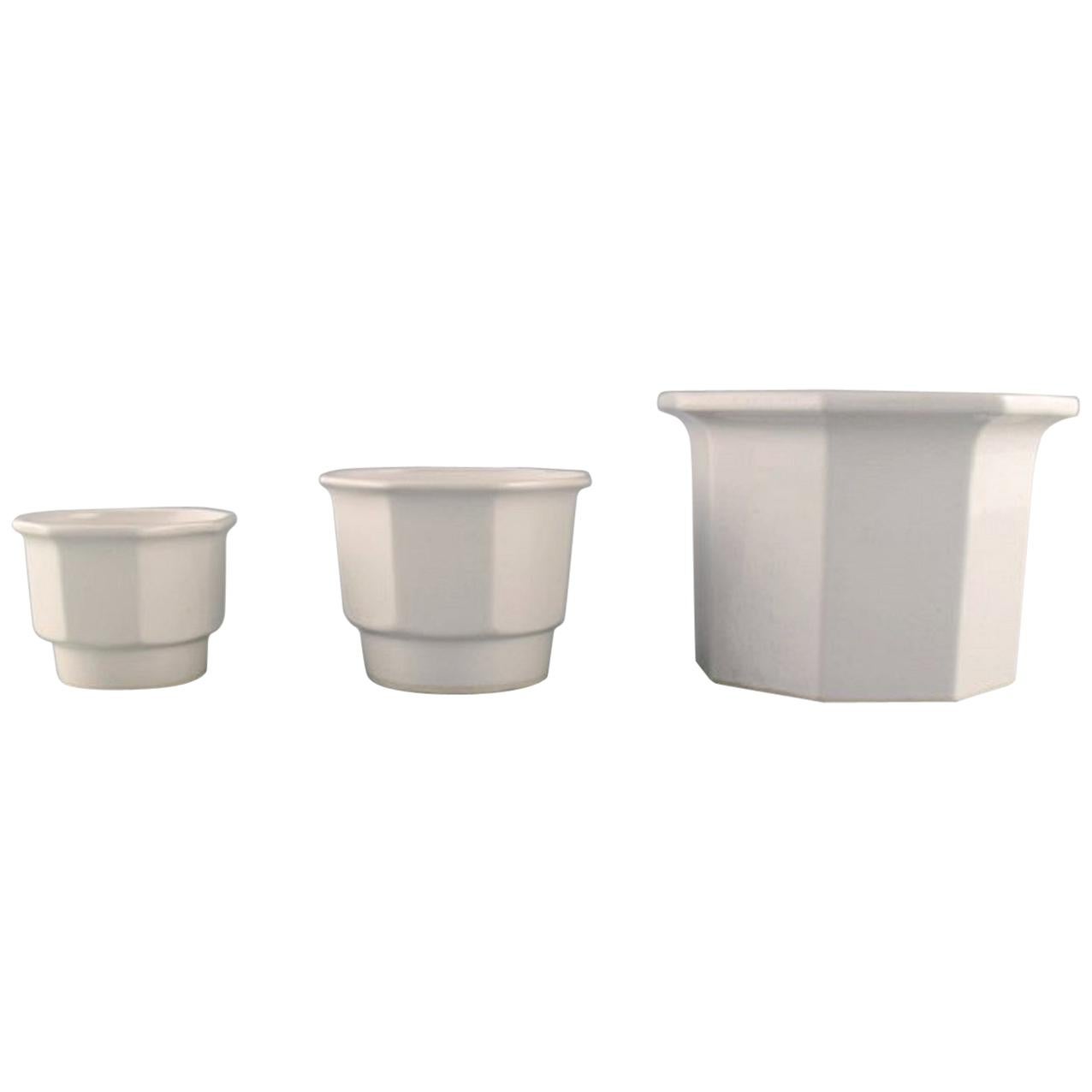 Gustavsberg, Sweden, Three Flower Pot Covers in White Glazed Stoneware, 1970s