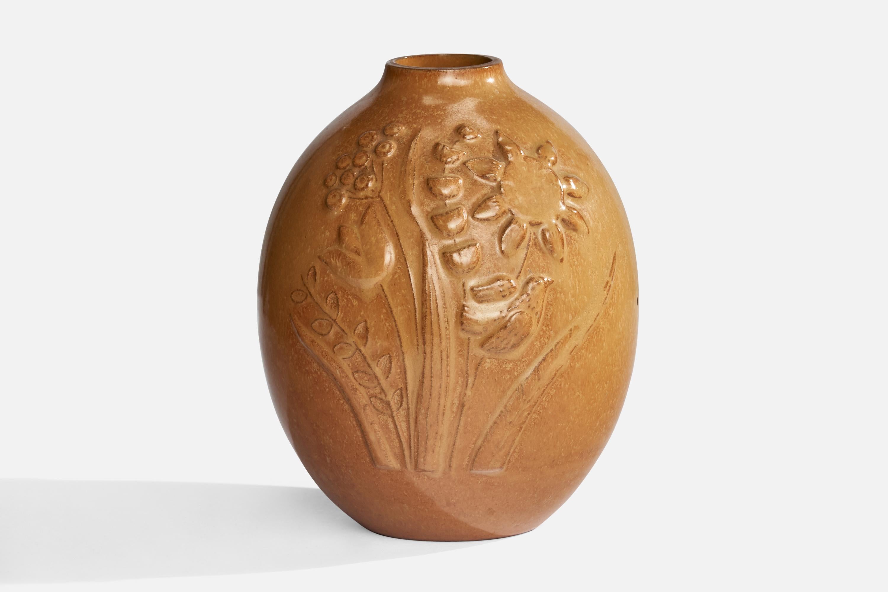 A brown-glazed stoneware vase designed and produced by Gustavsberg, Sweden, 1940s.