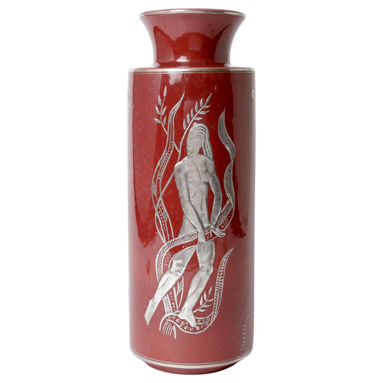 Gustavsberg & Wilhelm Kage, Red Argenta Stoneware and Silver Vase, Sweden 1930 For Sale