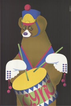 1975 Gustaw Majewski 'Cyrk- Drumming Bear' Vintage Black & White, Blue, Red, Green