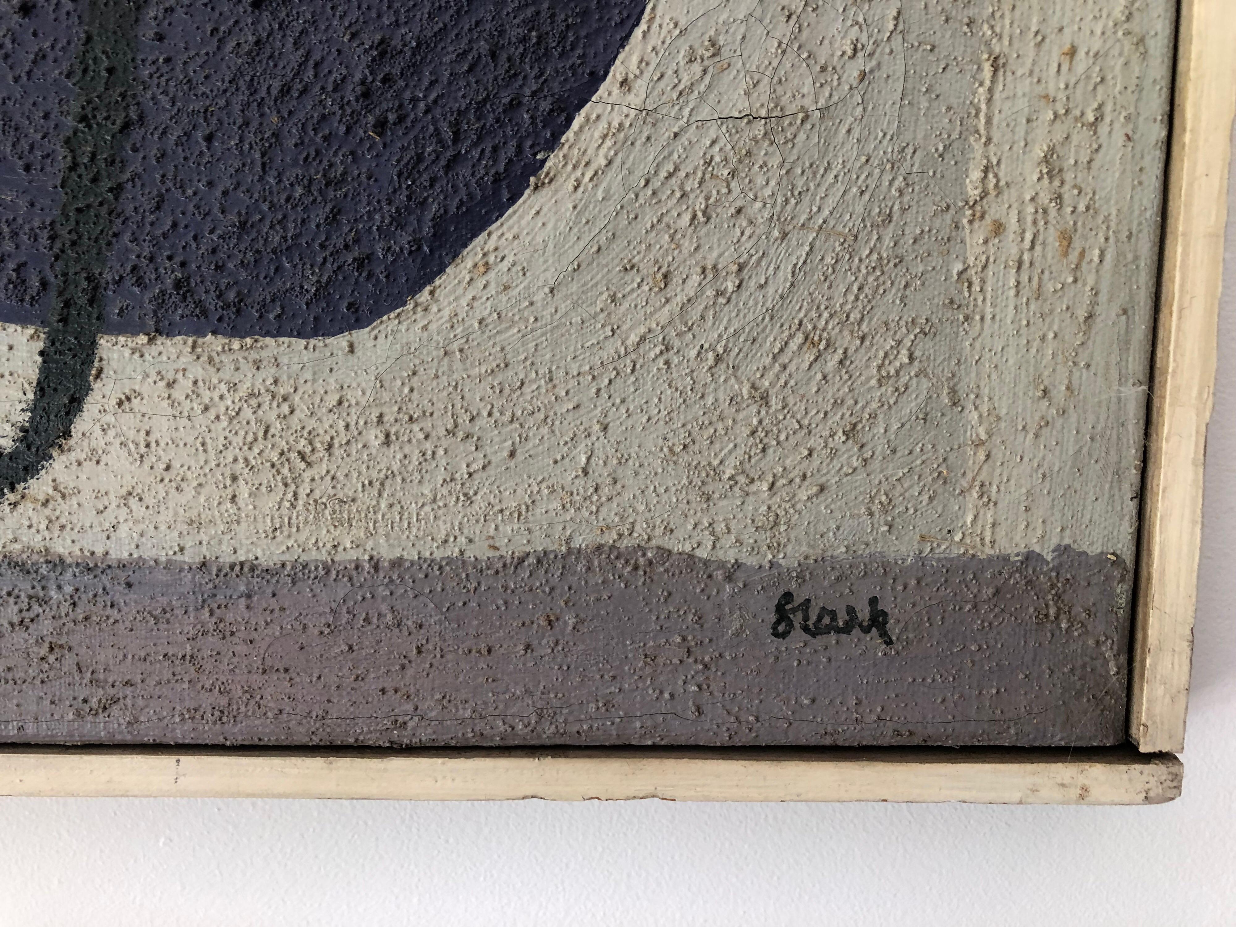 Abstraktes Öl auf Leinwand des deutschen Künstlers Gustl Stark (1917-2009). Signiert unten rechts im Rand und verso. Der Rahmen enthält verschiedene Etiketten von Institutionen und Ausstellungen. Gerahmt in originalem dünnen weißen