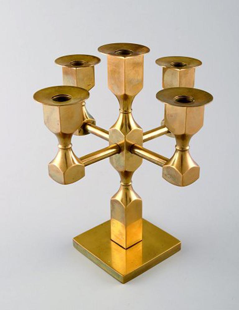 Scandinavian Modern Gusum Metal, Candlesticks for Five Candles in Brass with Candle Rings