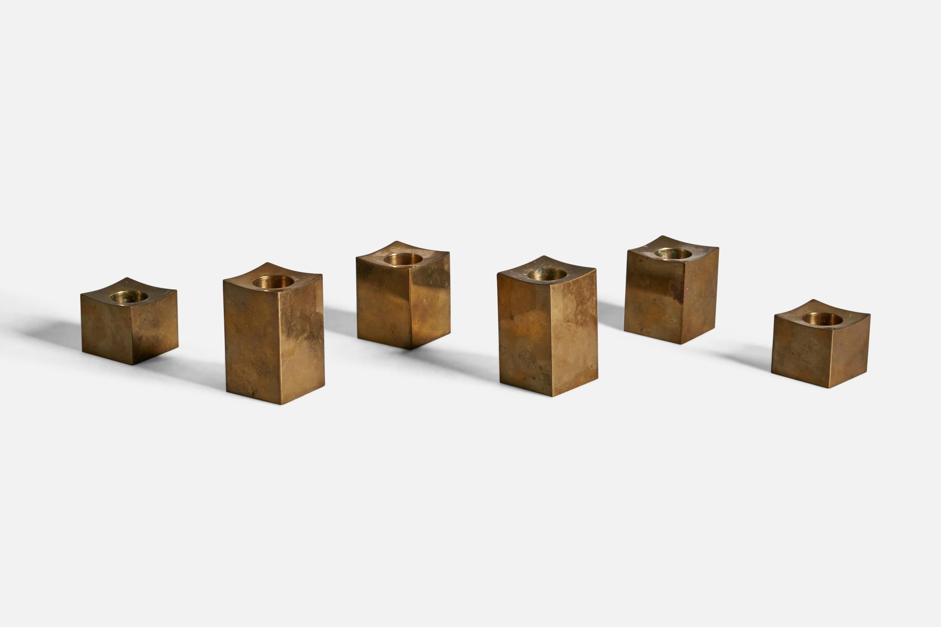 A set of 6 candlesticks designed and produced by Gusum Metallslöjden, c. 1970s.

Tallest Dimensions (inches): 2.5” H x 1.5” W x 1.5” D
Medium Dimensions (inches): 2” H x 1.5” W x 1.5” D
Shortest Dimensions (inches): 1.25” H x 1.5” W x 1.5” D
Candle