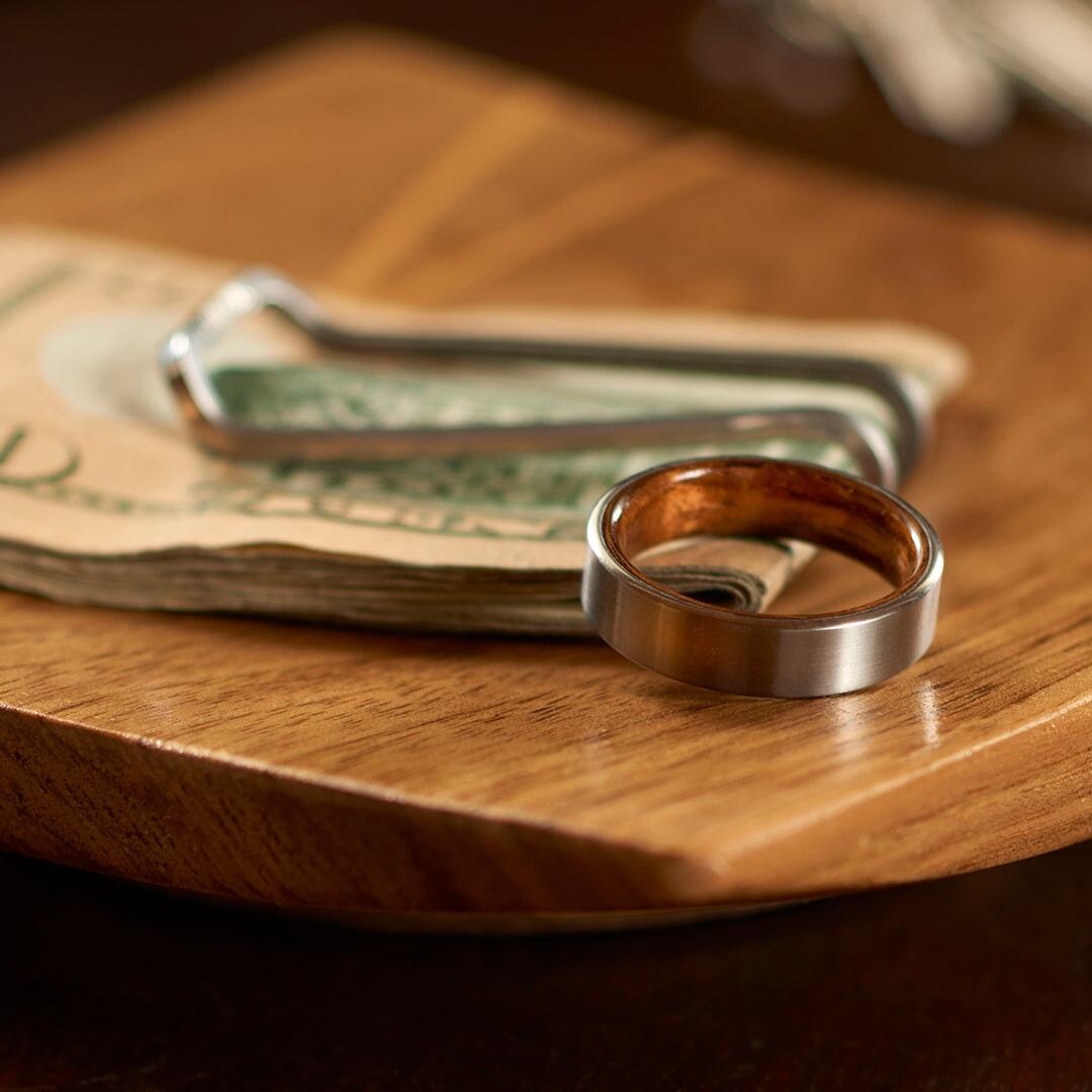 For Sale:  Flat Titanium Wedding Band with Bentwood Interior. Comfort Fit. 6mm. The Guthrie 5