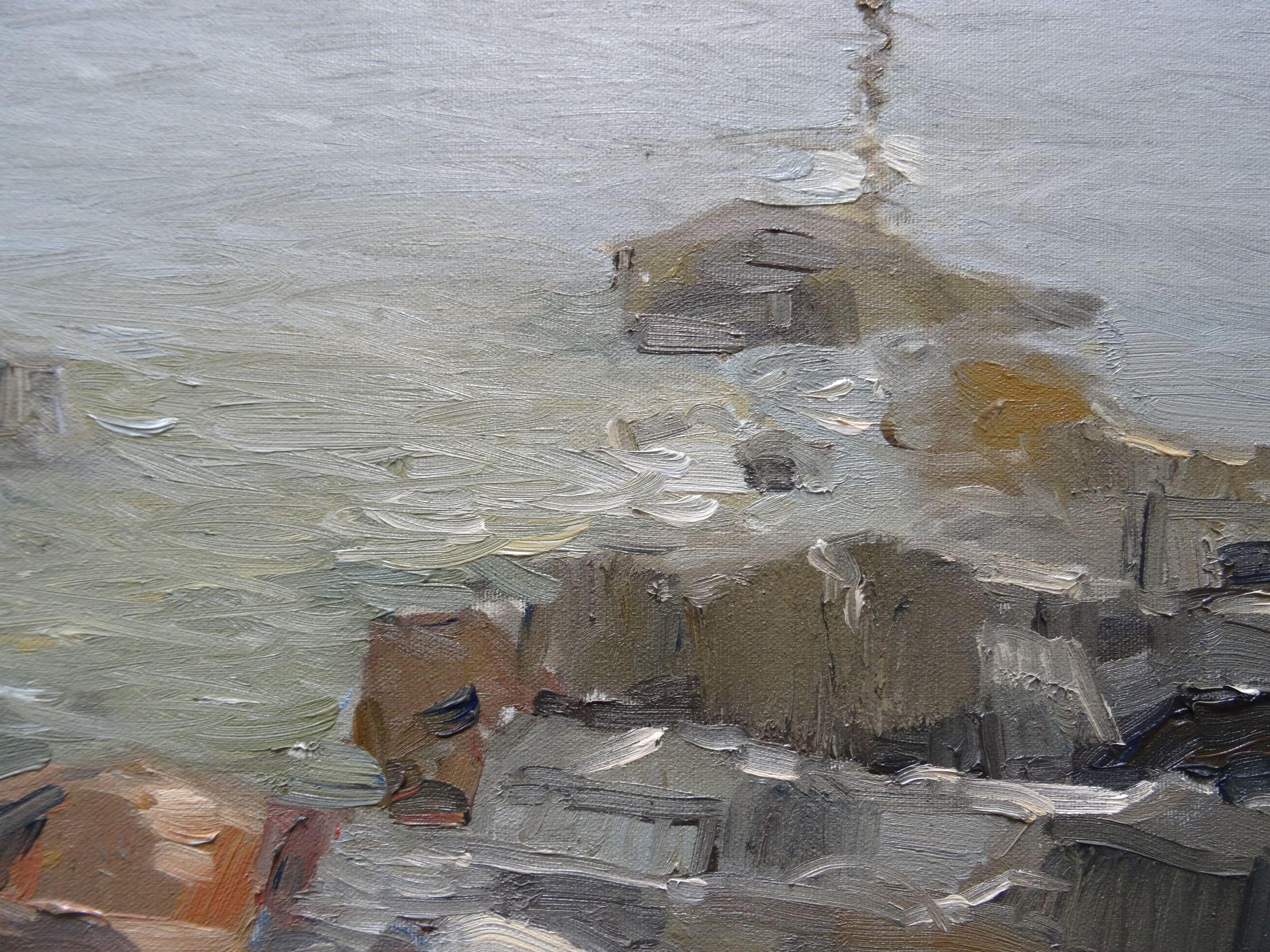 Muelle de Lapmezciems  óleo/lienzo, 50x80 cm - Landscape Painting Gris de Gutmanis Andis