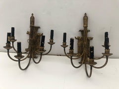 Vintage Pair of Aged Bronze 5-Arm Electrified Candle Sconces