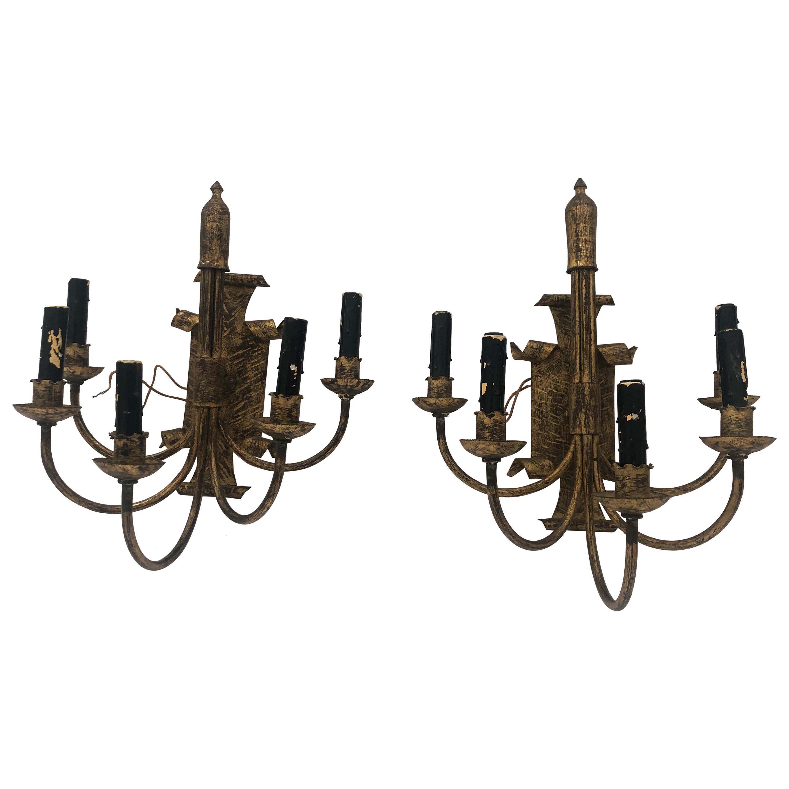 Vintage Pair of Aged Bronze 5-Arm Electrified Candle Sconces For Sale