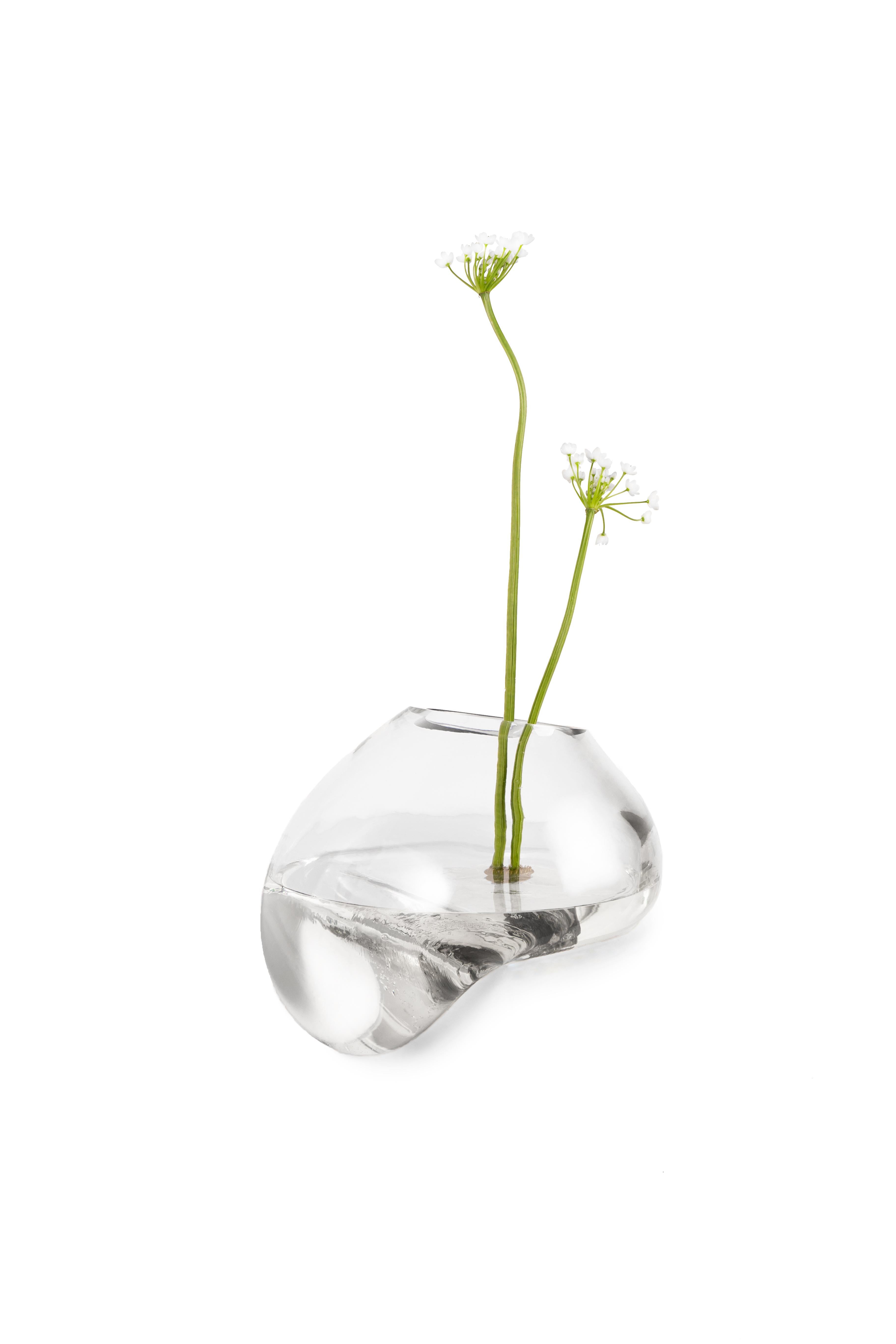 Vaso di gutta CS1 di NOOM
Dimensioni: L 24 x P 27 x H 22 cm 
Materiali: Vetro soffiato trasparente. 

I vasi scultorei in vetro 