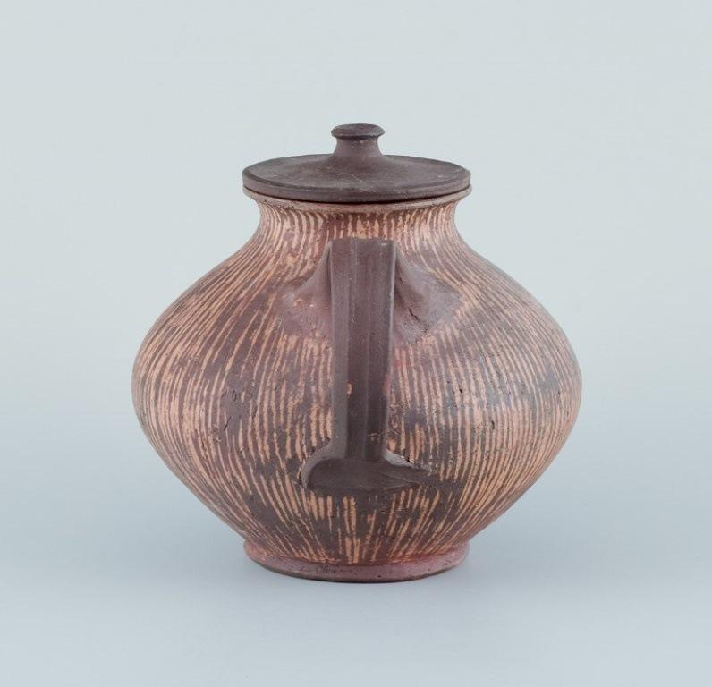 Late 20th Century Gutte Eriksen, own studio, Denmark. Unique ceramic teapot. Raku-fire technique For Sale