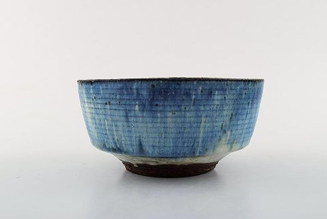 Scandinavian Modern Gutte Eriksen, Own Workshop, Bowl in Glazed Stoneware, Raku Burned Technique