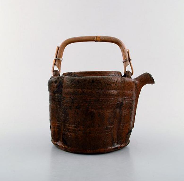 Scandinavian Modern Gutte Eriksen, Unique Teapot of Stoneware with Handle in Wicker