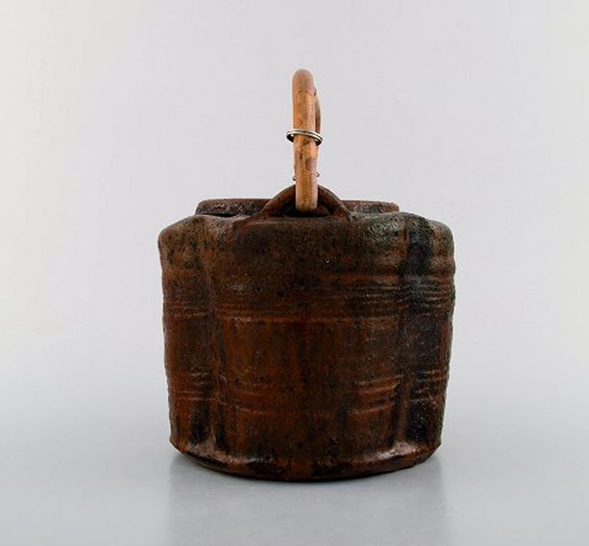 Danish Gutte Eriksen, Unique Teapot of Stoneware with Handle in Wicker