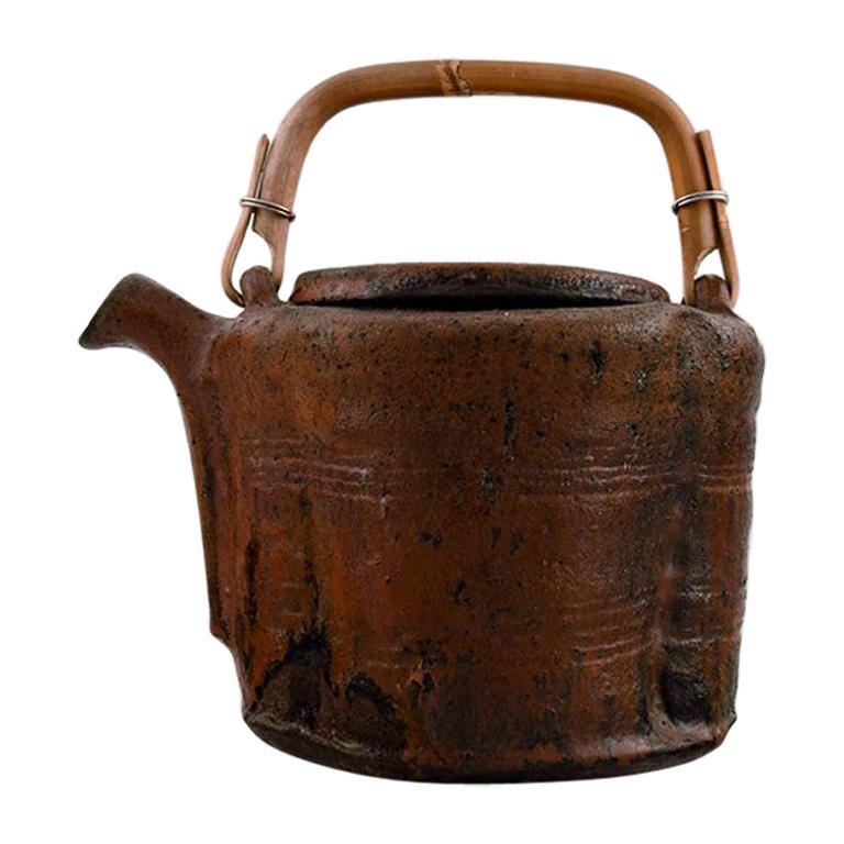 Gutte Eriksen, Unique Teapot of Stoneware with Handle in Wicker