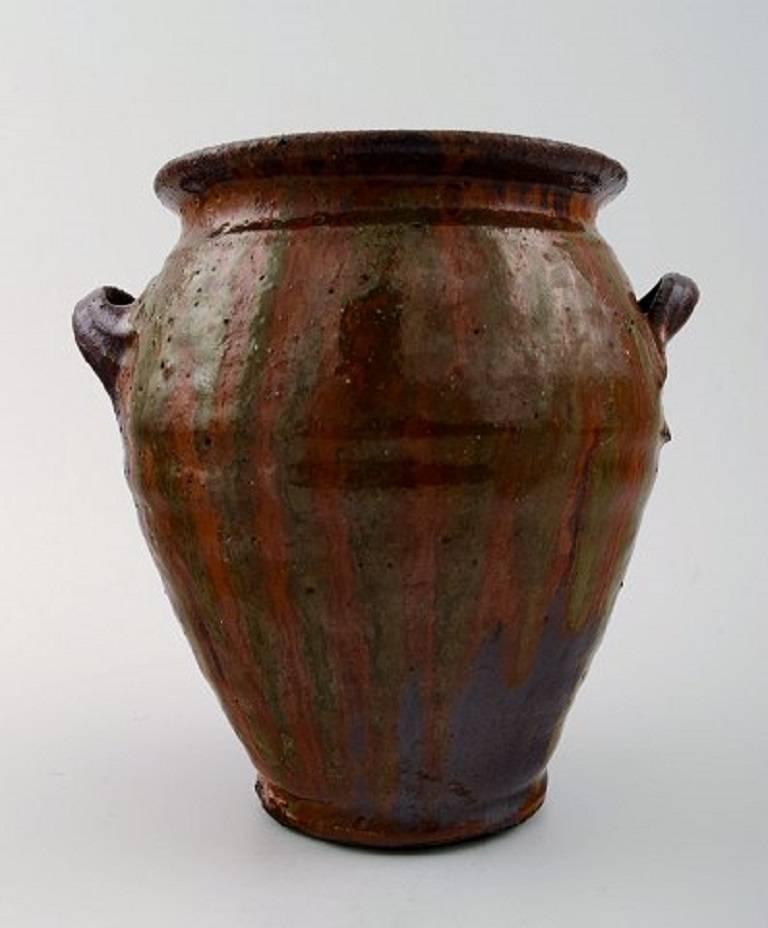Scandinavian Modern Gutte Eriksen, Own Workshop Pottery Vase with Handles, Denmark, Mid-20th Century