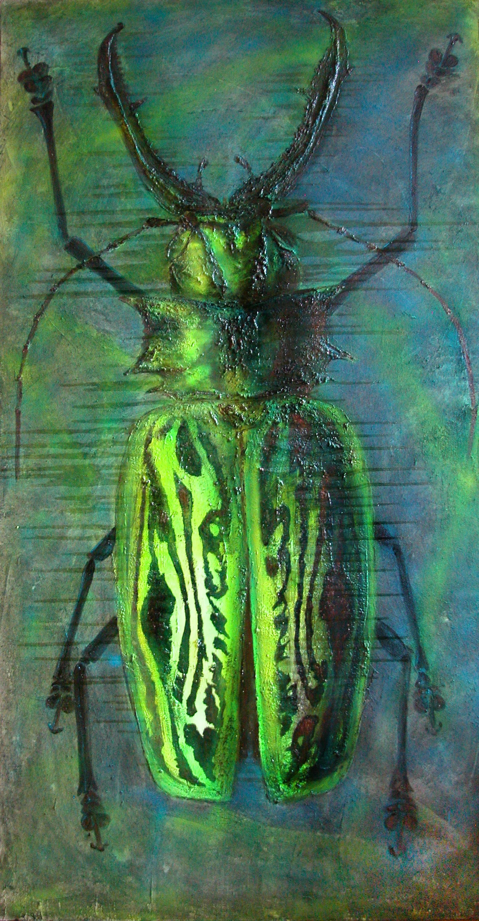 Green Beetle. Large Mixed Media Figurative Painting - Contemporary Mixed Media Art by Guusje Bertholet
