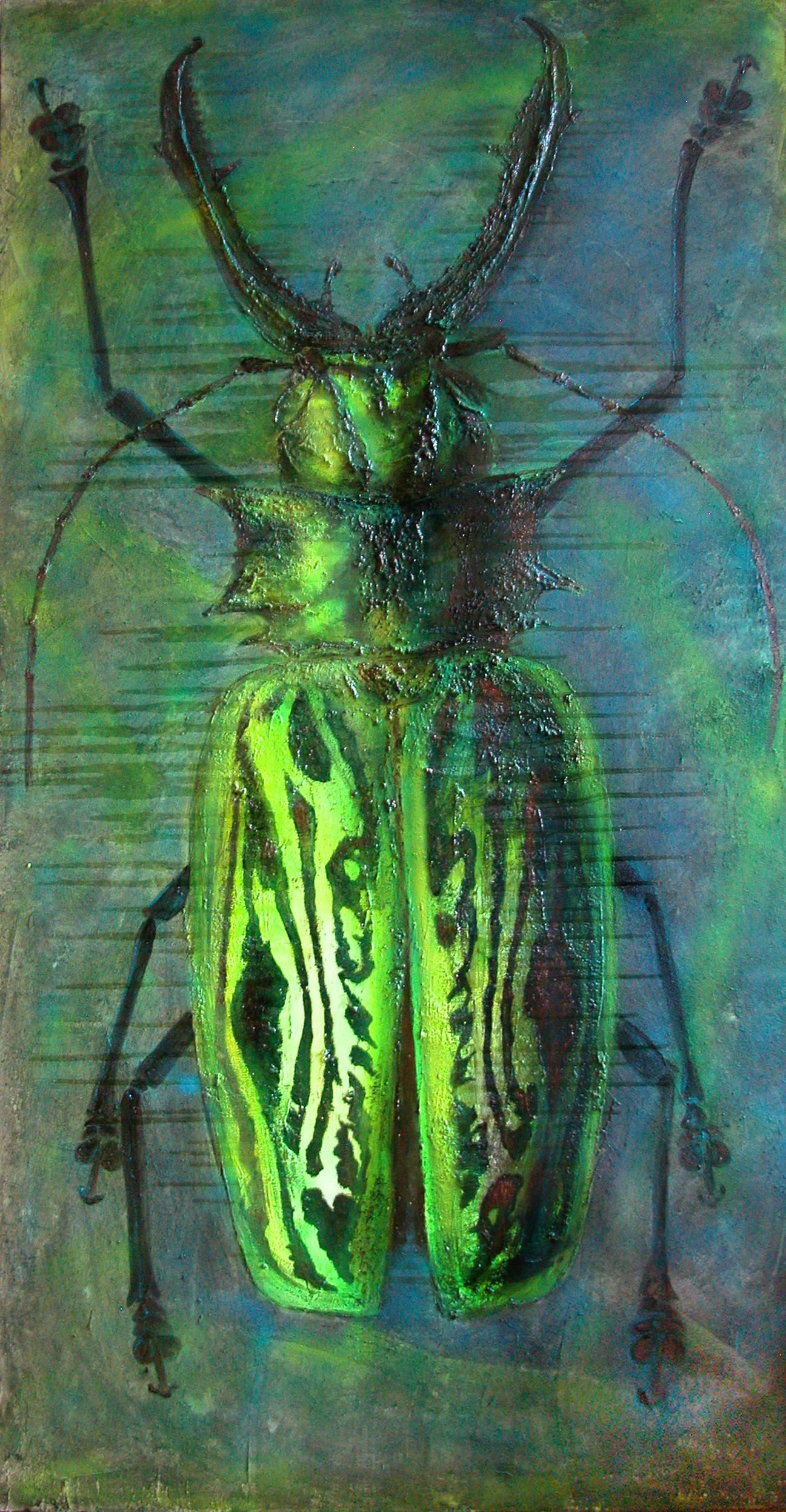 Green Beetle. Large Mixed Media Figurative Painting - Mixed Media Art by Guusje Bertholet