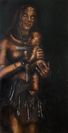 Himba.  Grande peinture à l'huile figurative contemporaine