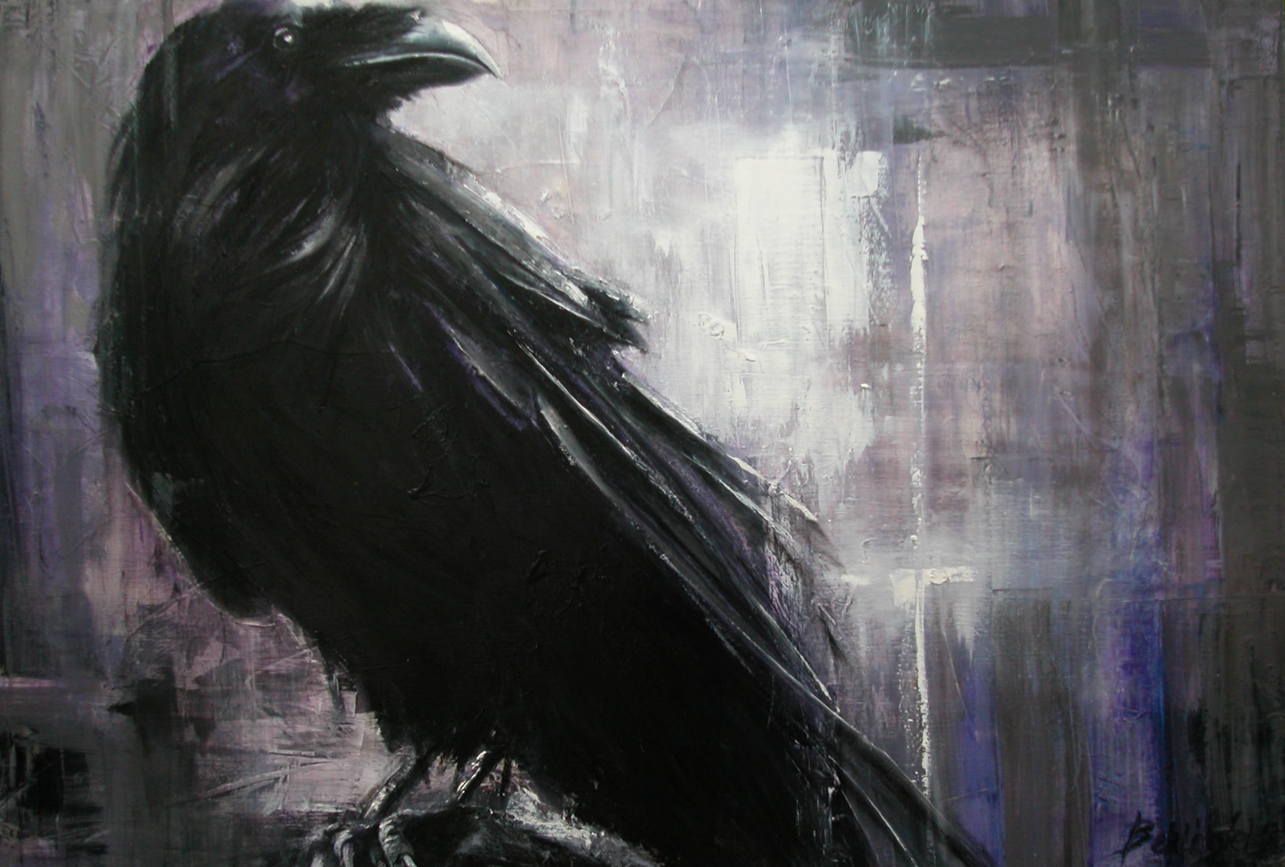 Raven 2. Large Figurative Painting - Mixed Media Art by Guusje Bertholet
