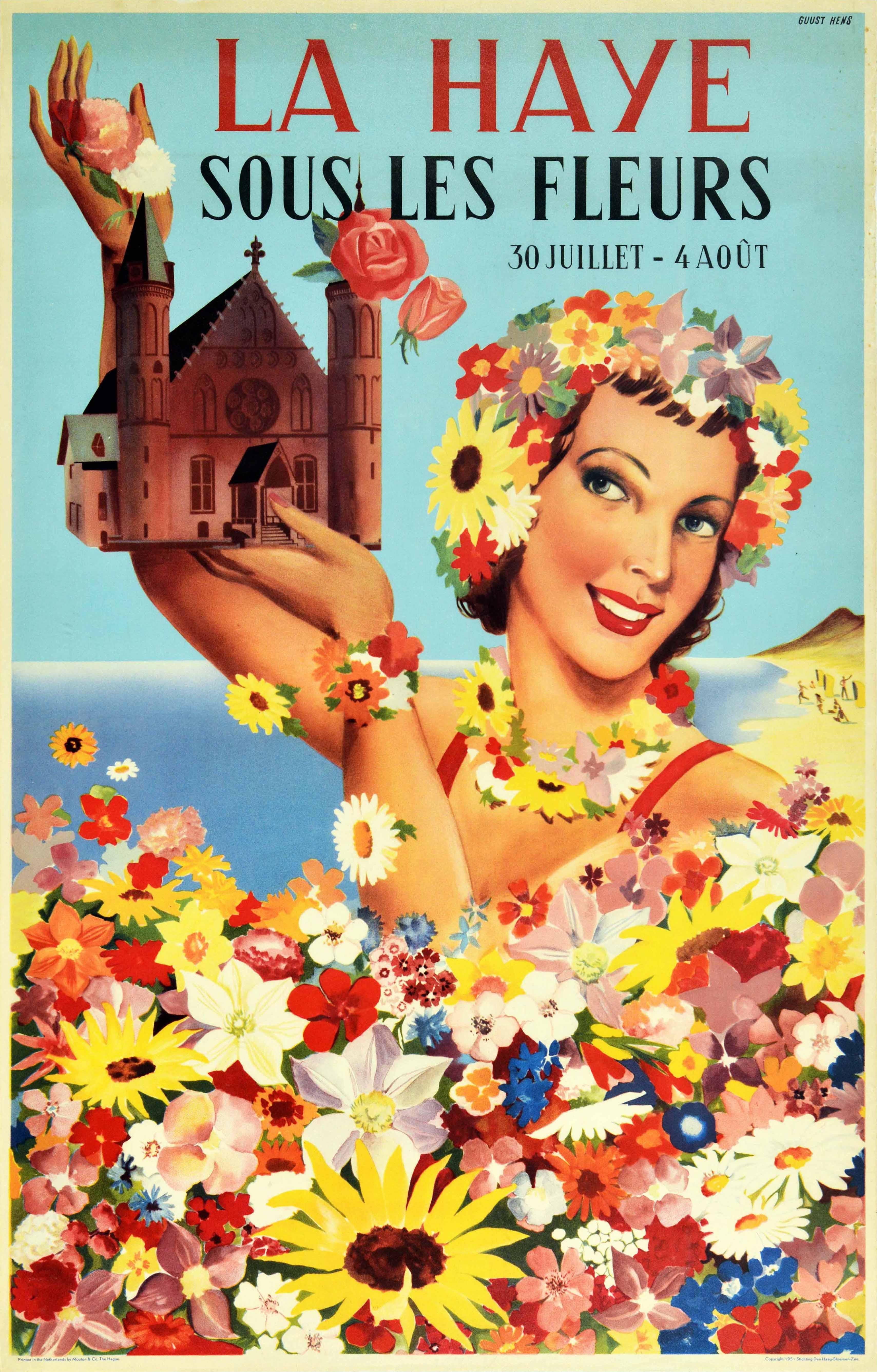 Guust Hens Print - Original Vintage Travel Poster La Haye Sous Les Fleurs Hague Flower Festival Sea