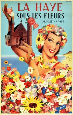 Original Vintage Travel Poster La Haye Sous Les Fleurs Hague Flower Festival Sea
