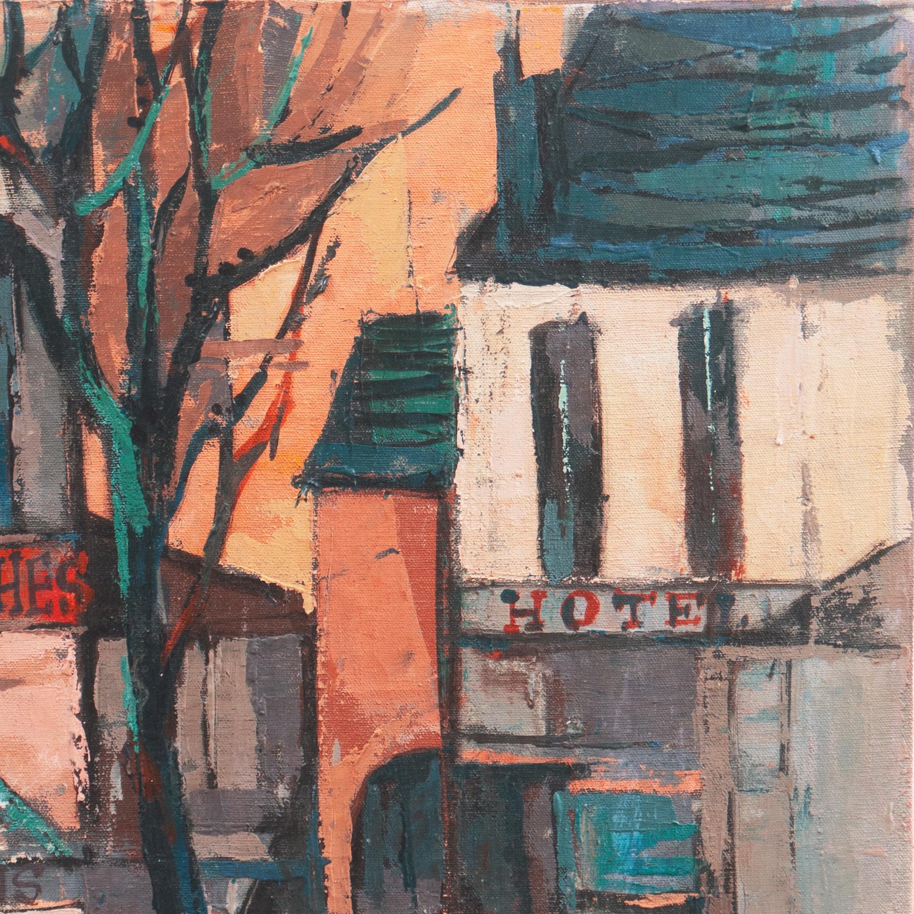'Café des Porches', School of Paris, Post-Impressionist French Oil Cityscape - Modern Painting by Guy