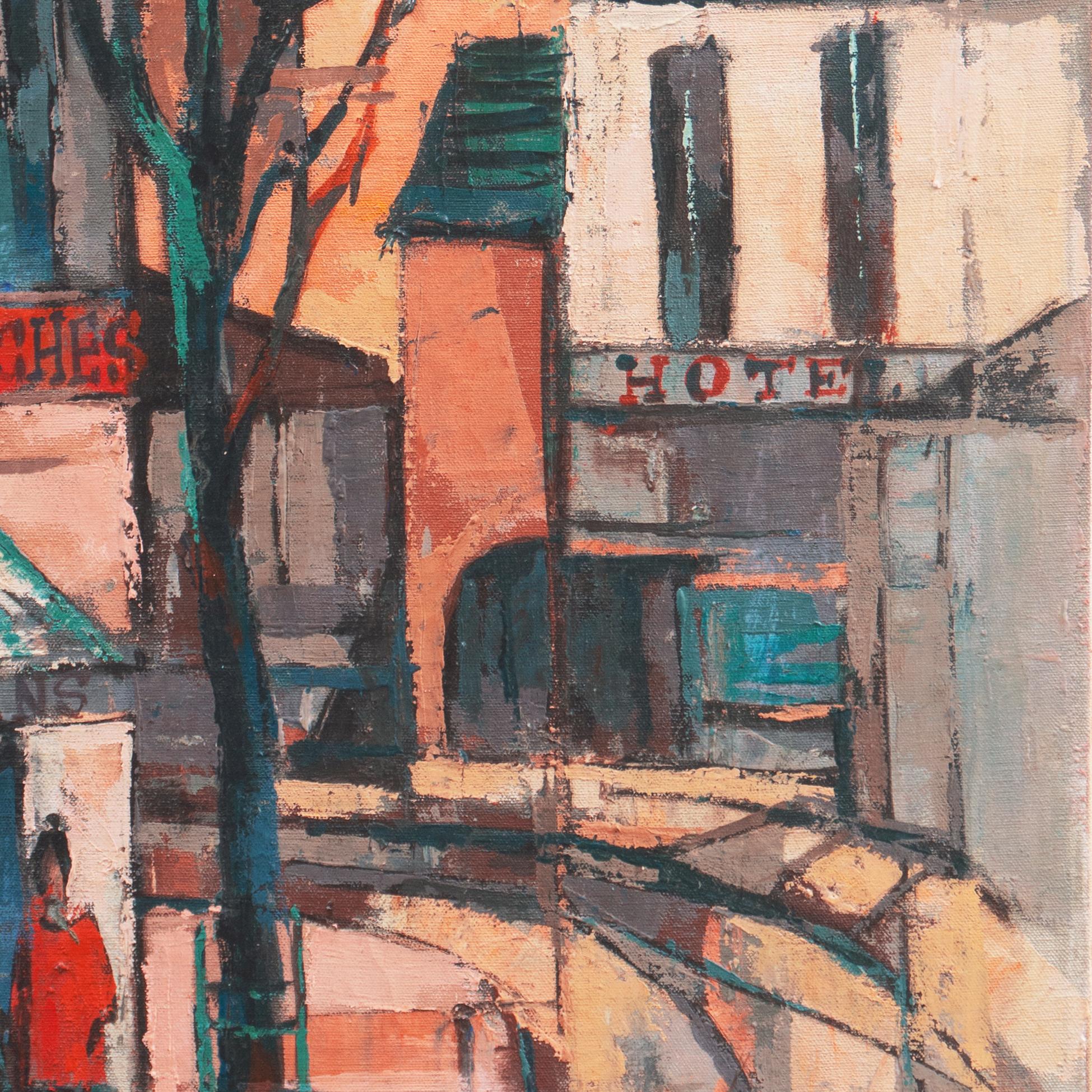 'Café des Porches', School of Paris, Post-Impressionist French Oil Cityscape - Brown Landscape Painting by Guy