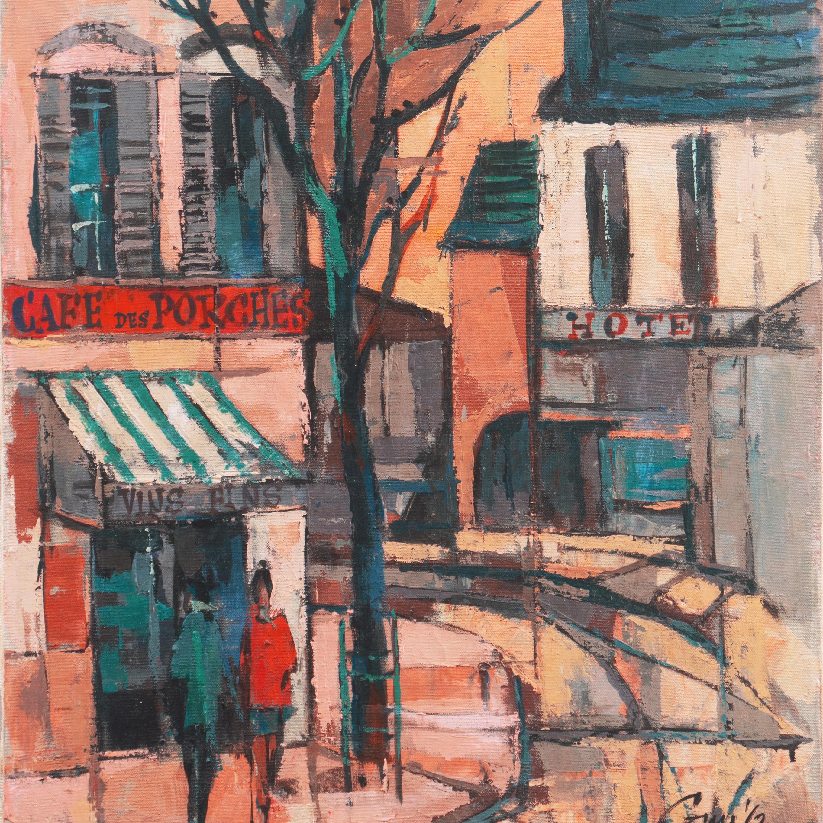 A vibrant Post-impressionist oil showing a view of a chic young couple leaving a picturesque Parisian Cafe with a hotel conveniently located across the street. Signed lower right, 'Guy' (French, 20th, Century) and dated 1962.