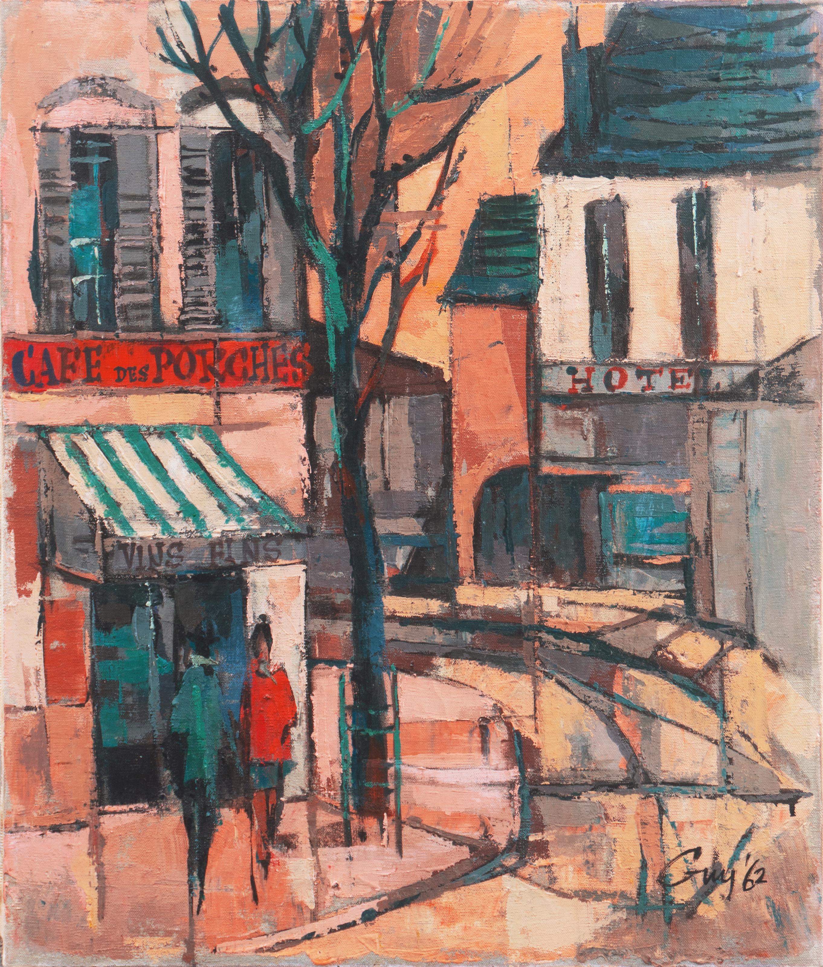 Guy Landscape Painting - 'Café des Porches', School of Paris, Post-Impressionist French Oil Cityscape