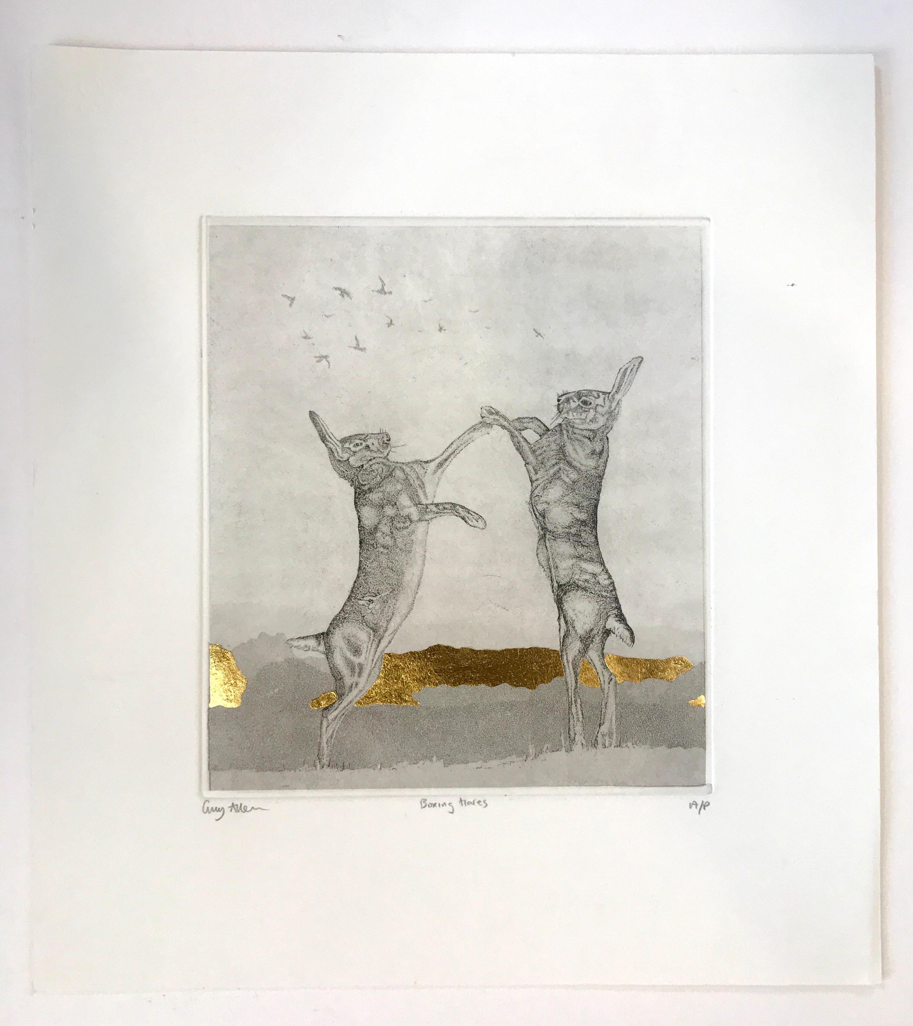 Boxing Hares, Limited Edition Print, Animal Art, Hare Art, Gold Leaf, Nature art en vente 12