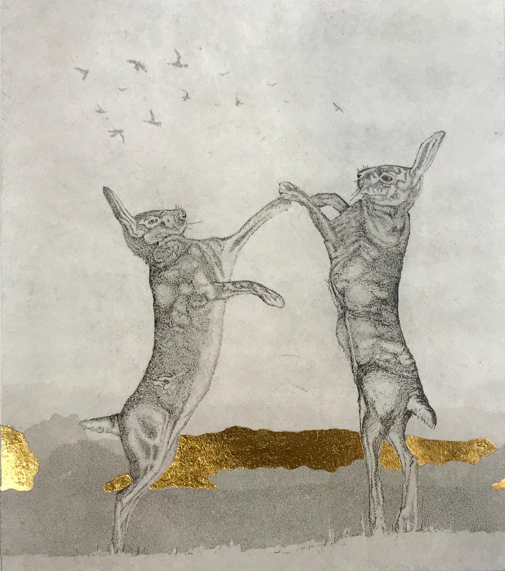 Boxing Hares, Limited Edition Print, Animal Art, Hare Art, Gold Leaf, Nature art