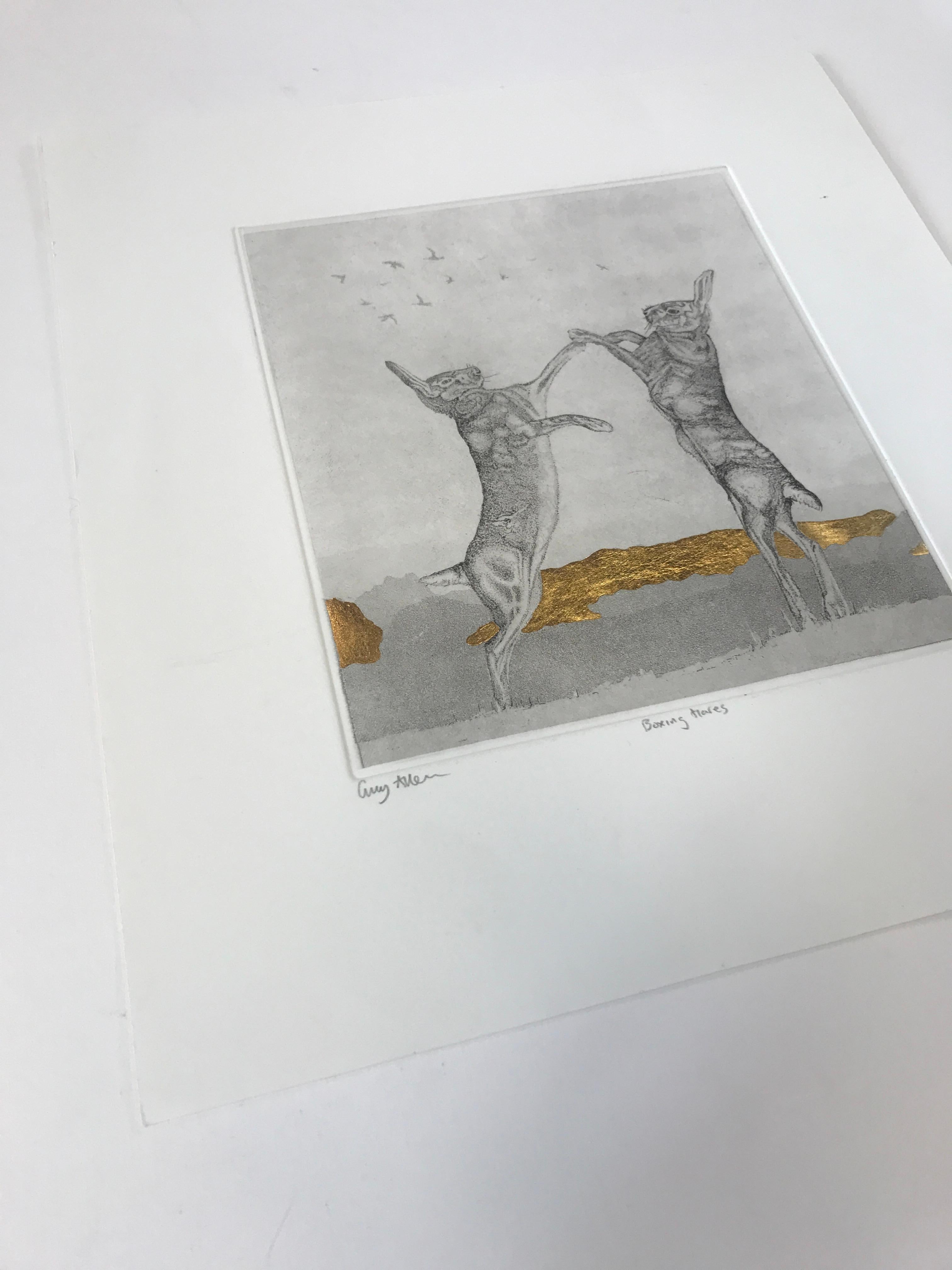 Boxing Hares, Limited Edition Print, Animal Art, Hare Art, Gold Leaf, Nature art en vente 11