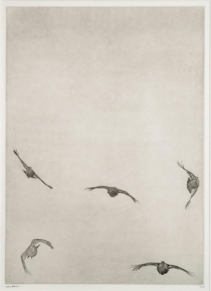 Covey of Grouse I by Guy Allen. Print from acid etching with Wooden Frame For Sale 1
