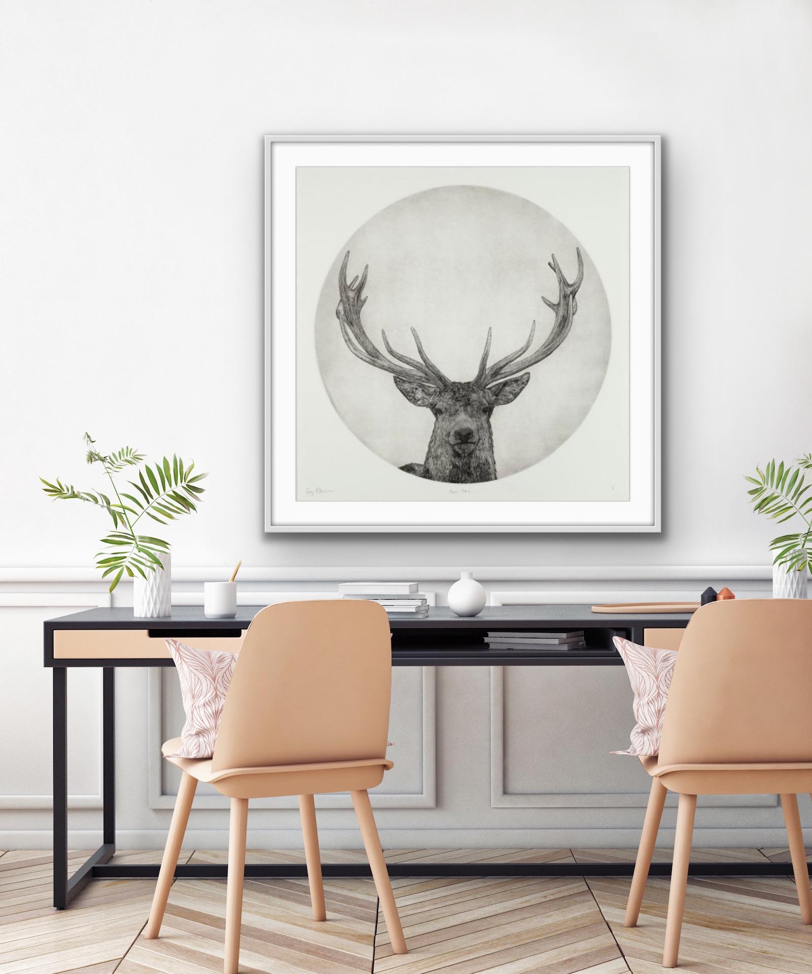 Guy Allen
Moon Stag
Image size: 79cm diameter
Size: H:86 cm x W:86 cm
Medium: etching
Edition size: 75
Year completed: 2019
Sold unframed
Please note that in situ images are purely an indication of how a piece may look.

Moon Stag is an original