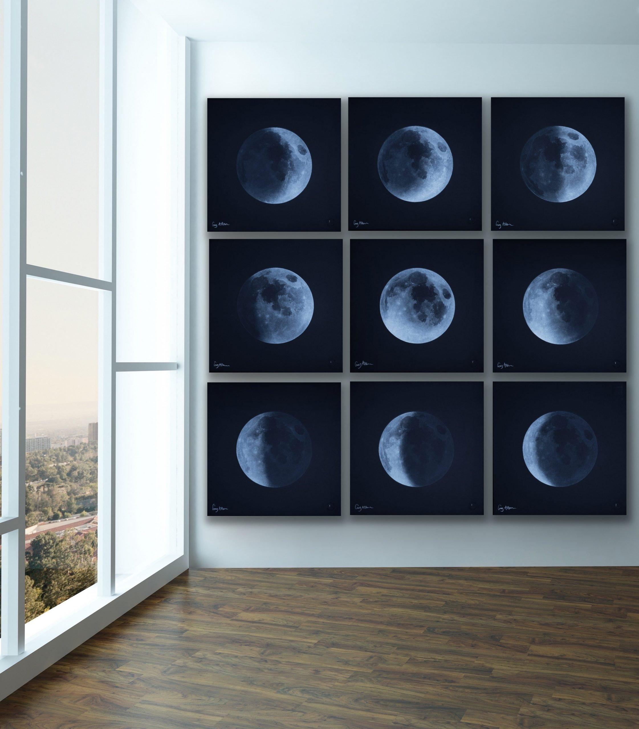 The Lunar Cycle – 9 Phases of the Moon by Guy Allen.  Print from acid etching.  