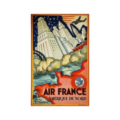 Originalplakat von Guy Arnoux für Air France und seine Reisen nach Nordamerika aus dem Jahr 1946