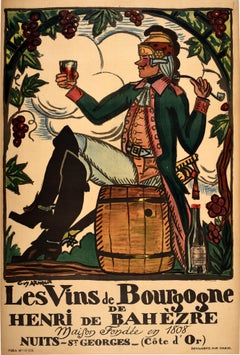 Affiche publicitaire d'origine ancienne Bourgogne Wines Henri De Bahezre France