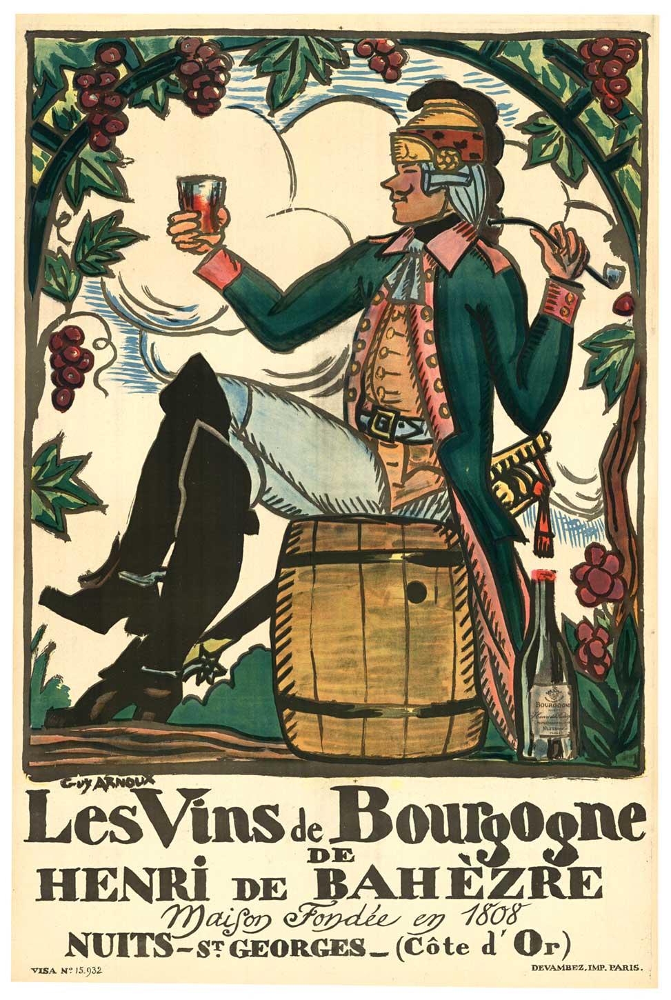 Original Les Vins de Bourgogne, Henri de Bahezre vintage French red wine poster