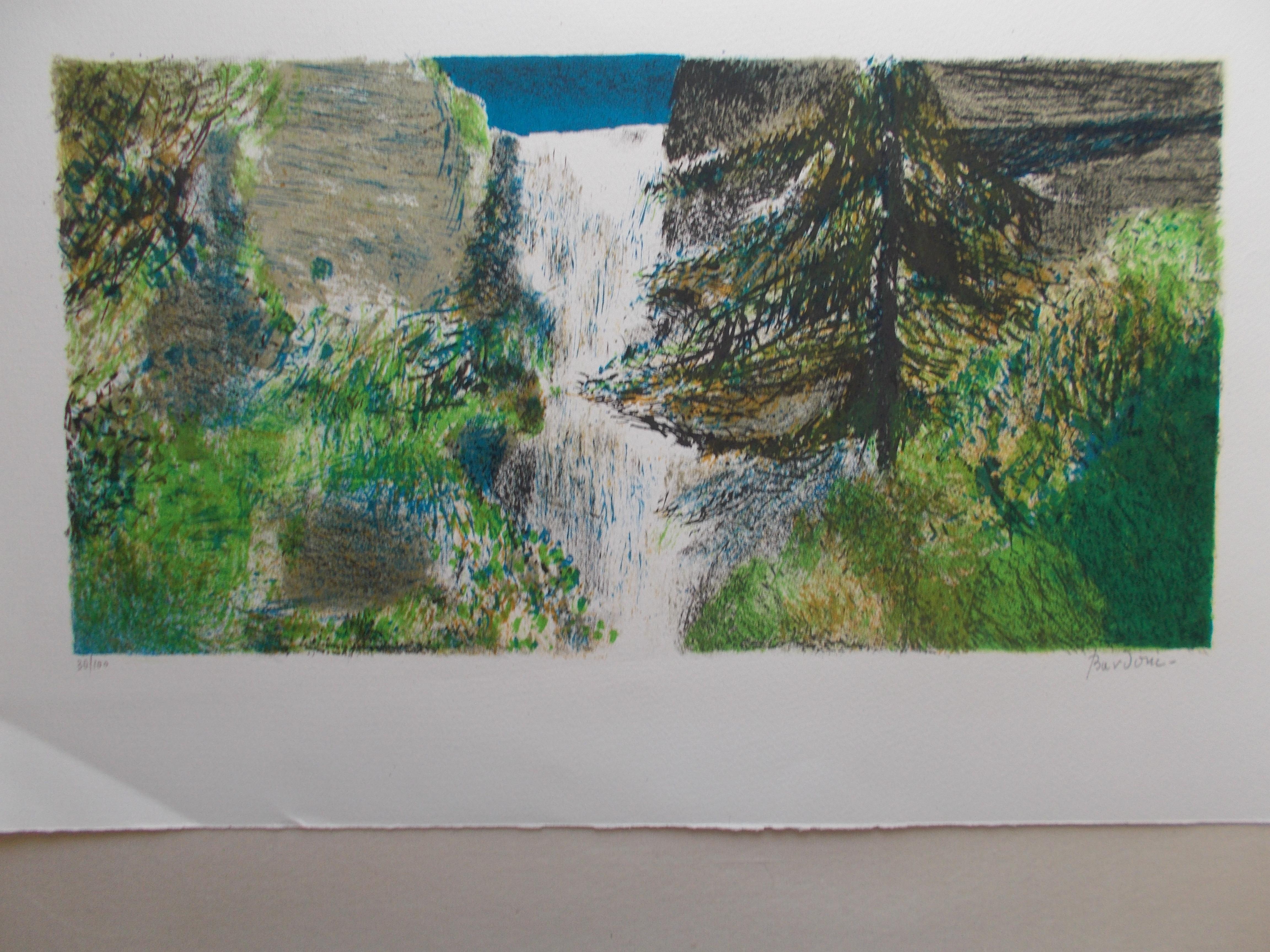Beautiful original impressionist lithograph of a waterfall in woods landscape. Paper size: 13.50