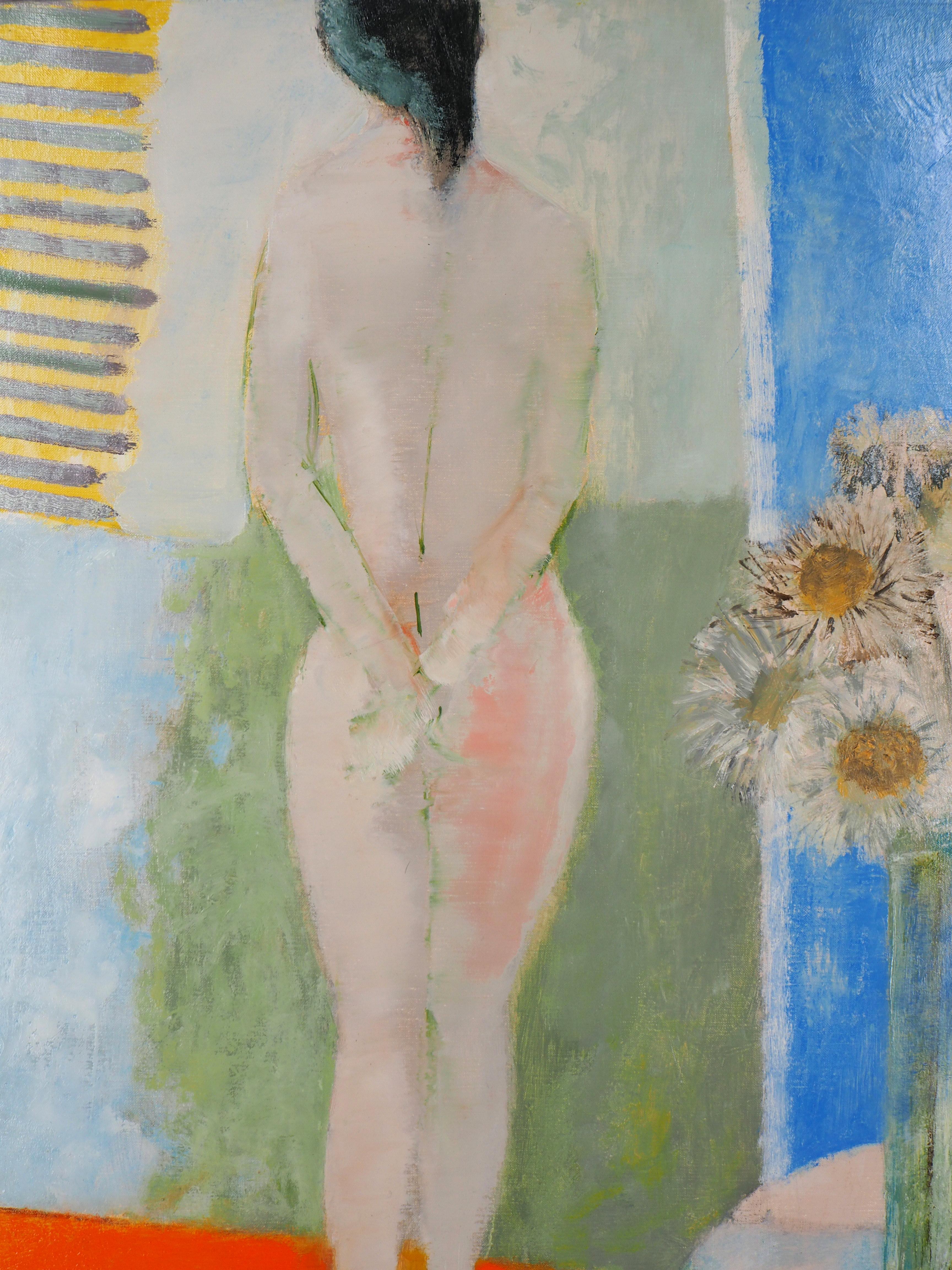 Interior : Model with Thistles - Original Oil on Canvas, Handsigned - Modern Painting by Guy Bardone