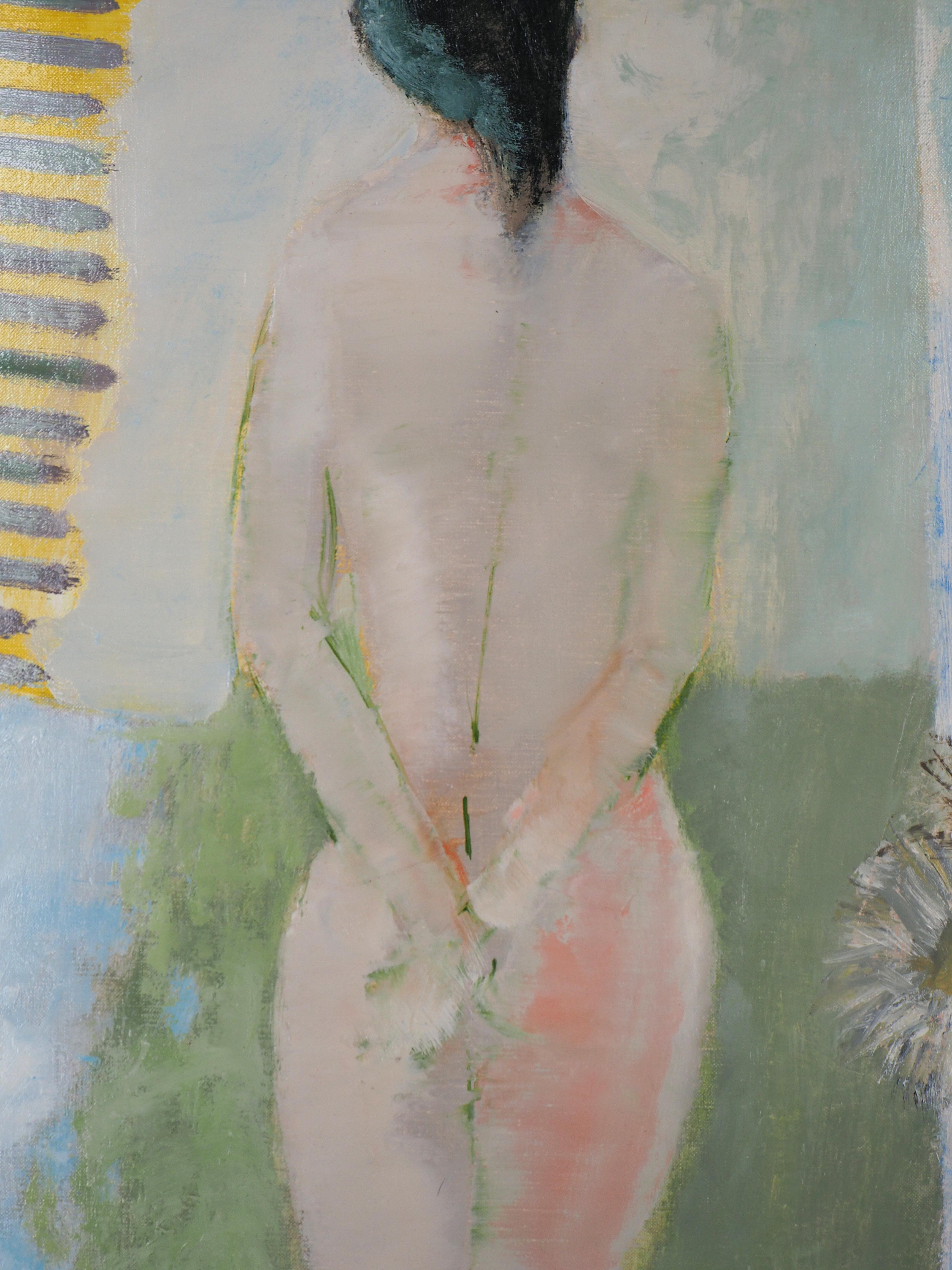 Interior : Model with Thistles - Original Oil on Canvas, Handsigned - Gray Nude Painting by Guy Bardone