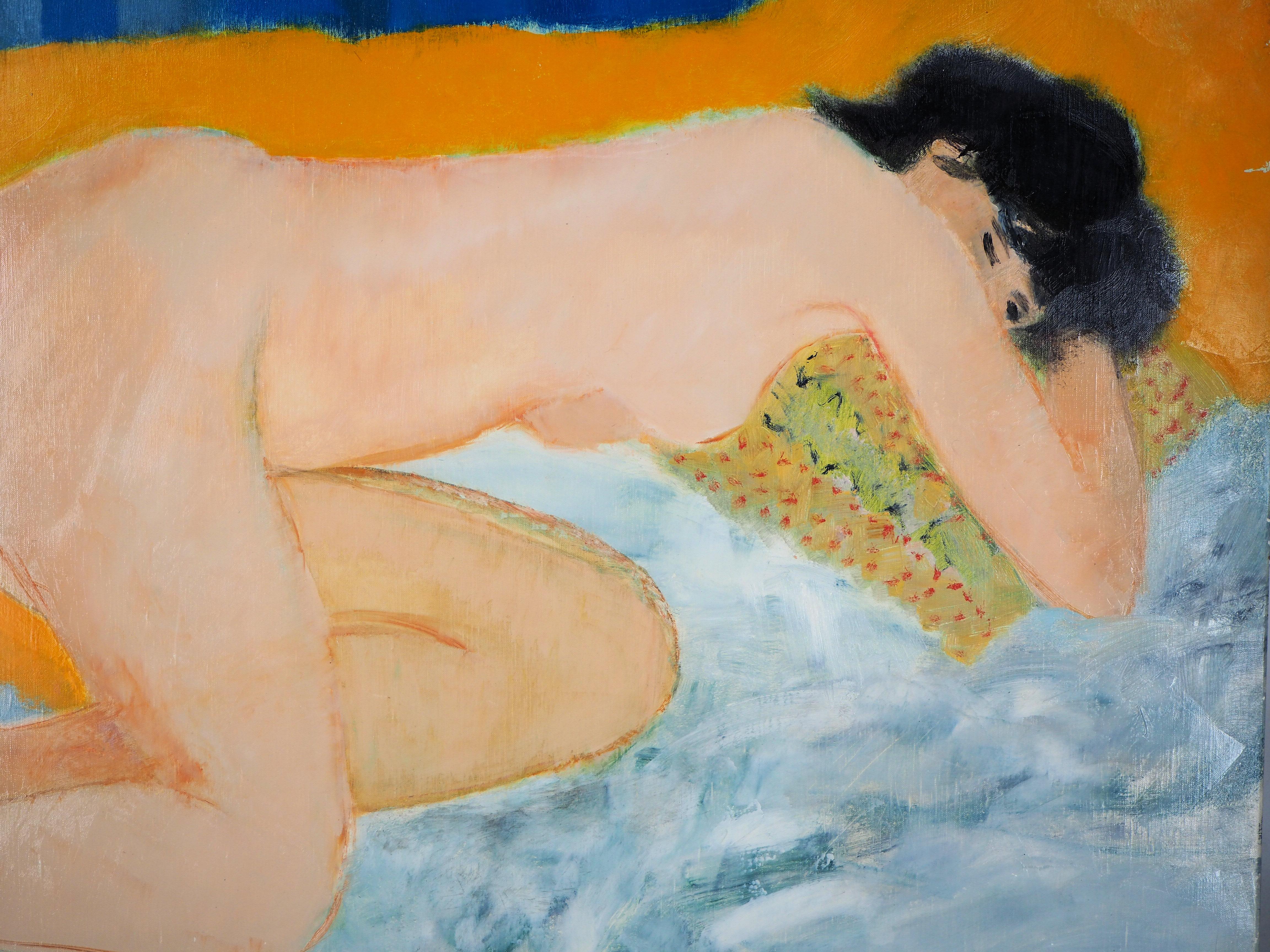Interior : Nude Asleep on a Yellow Pillow - Original Oil on Canvas, Handsigned - Modern Painting by Guy Bardone