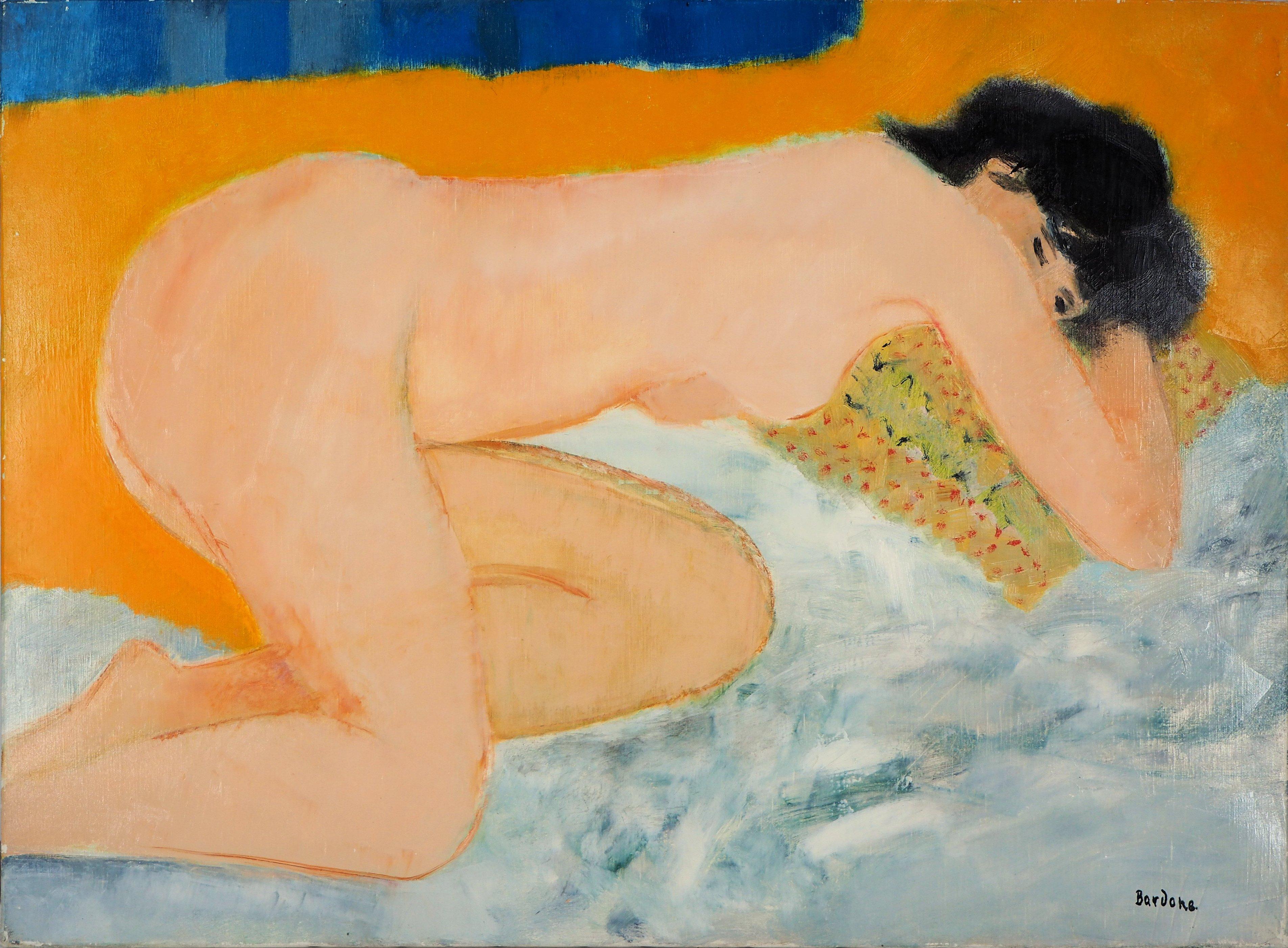 Guy Bardone Nude Painting - Interior : Nude Asleep on a Yellow Pillow - Original Oil on Canvas, Handsigned