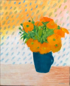 Soucis au Petit Pot Bleu, pittura ad olio floreale Bouquet di fiori di calendula in vaso