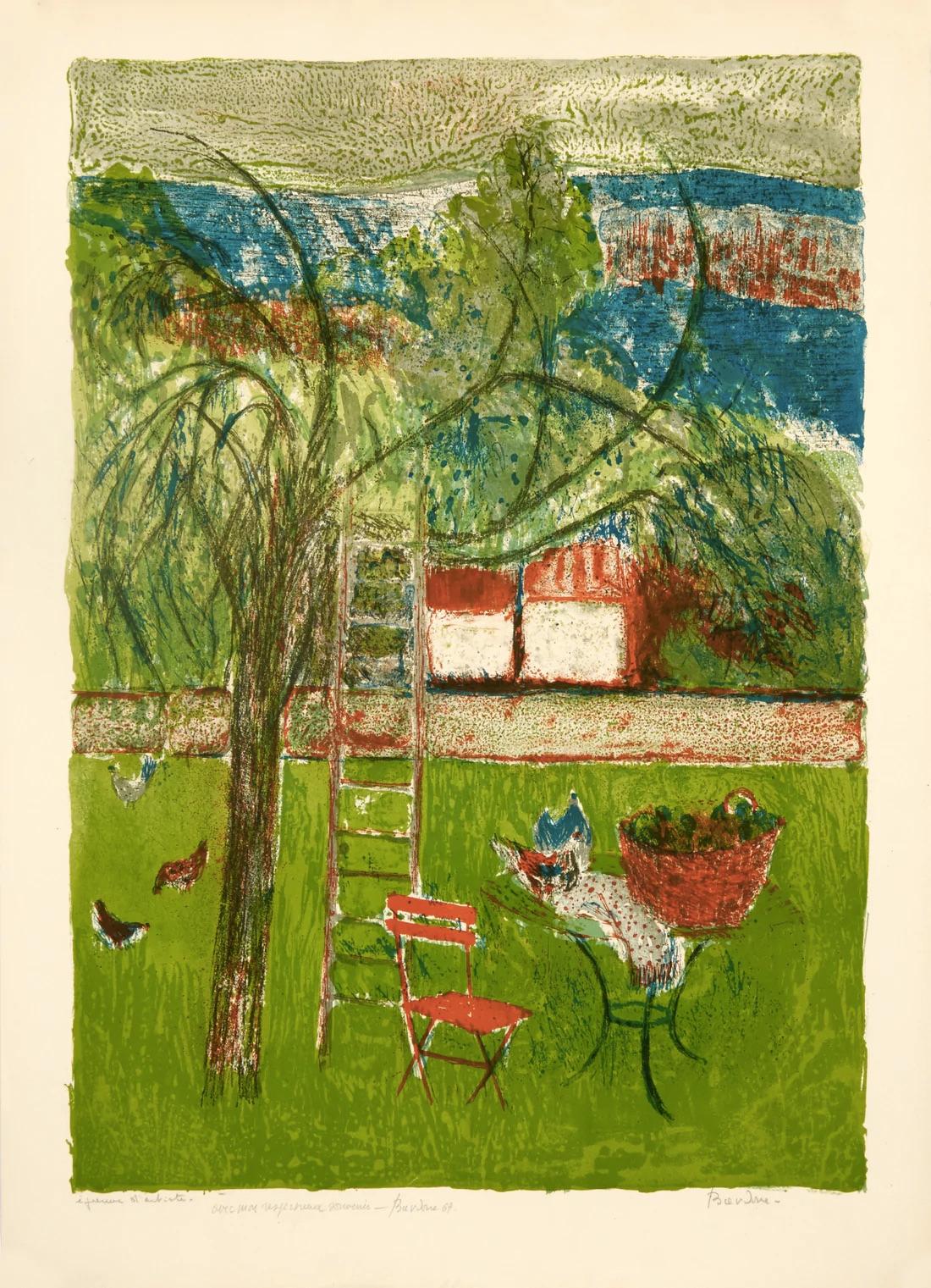Backyard, Ladder Resting on Tree, Orange Chair by Guy Bardone, 1967