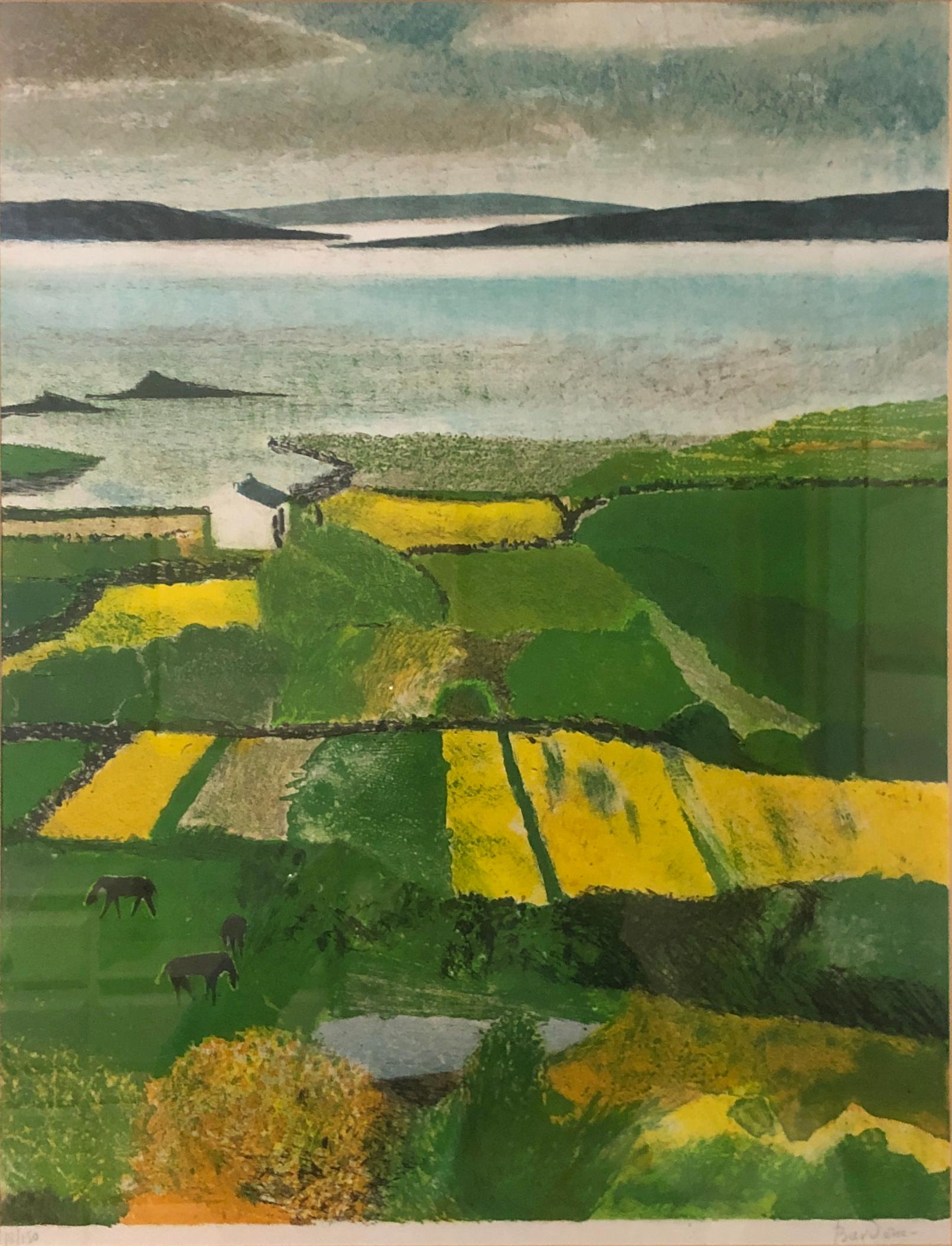 A vertical landscape painting lithographic print of bucolic Irish fields in emerald green and gold by Guy Bardone. Bardone was a master of light and mood, seen here in the calm yet inviting rural scene. Grassy fields seem to shine from light peeking